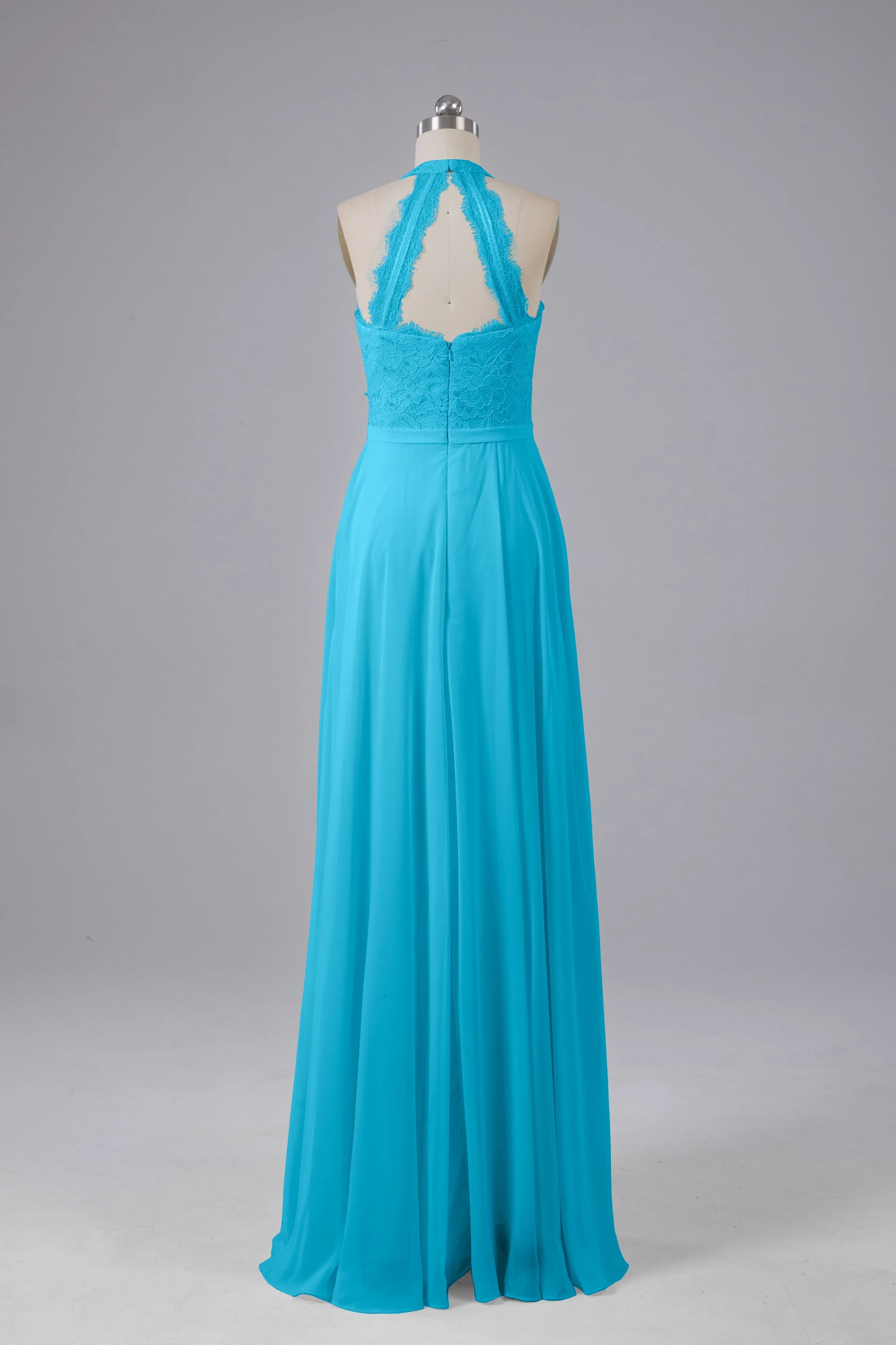 Elegant Halter Illusion Lace Floor Length Bridesmaid Dresses