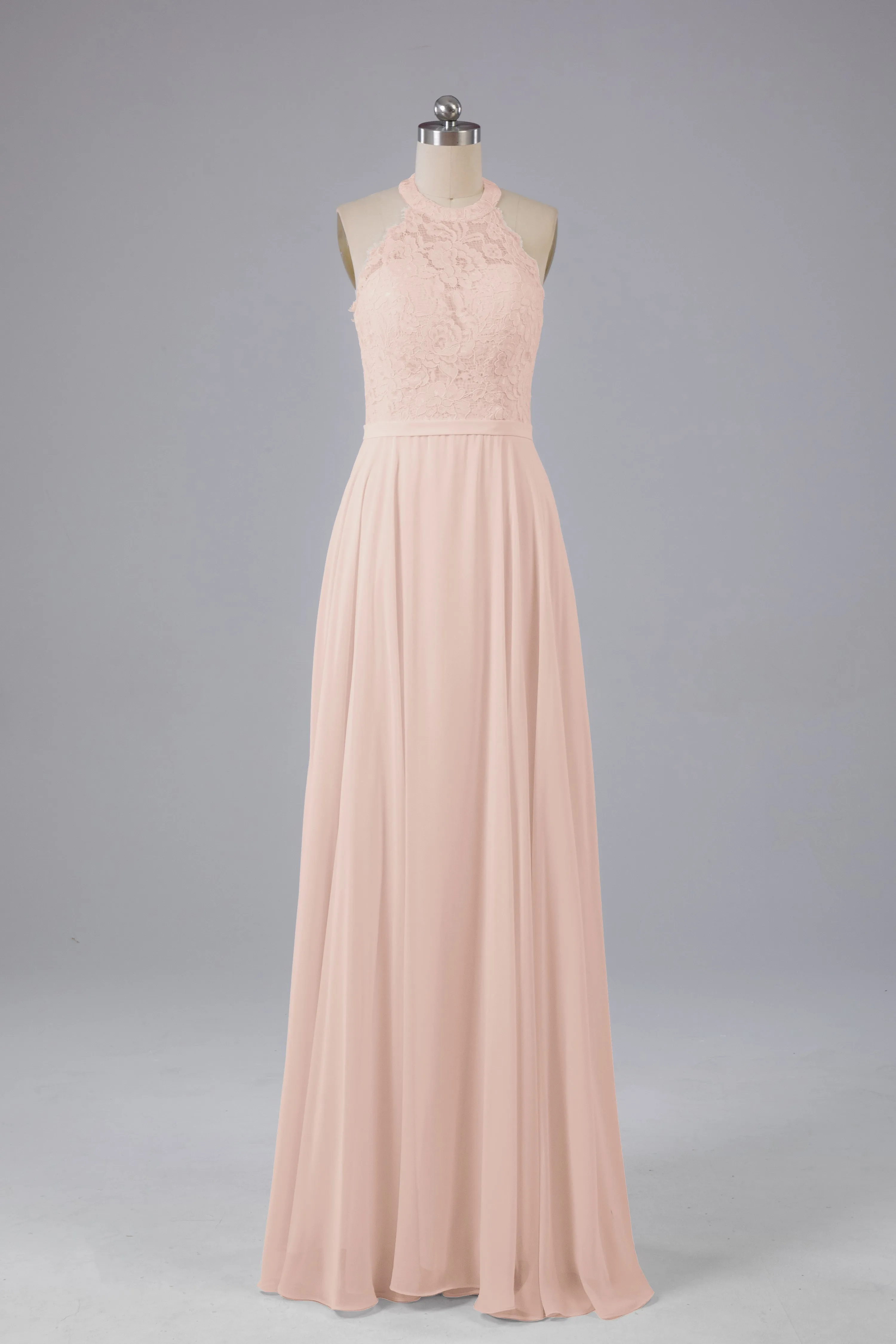 Elegant Halter Illusion Lace Floor Length Bridesmaid Dresses