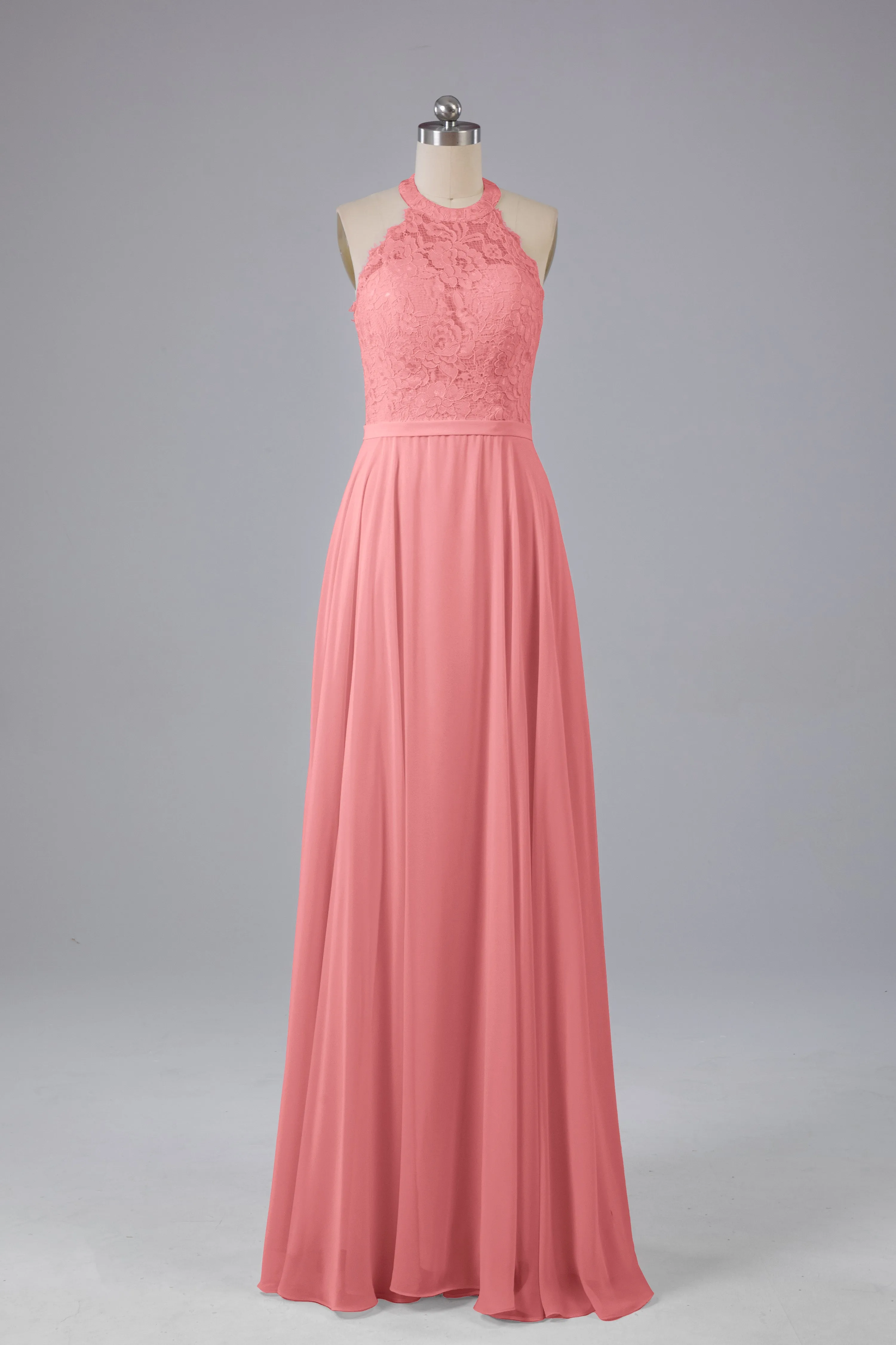 Elegant Halter Illusion Lace Floor Length Bridesmaid Dresses