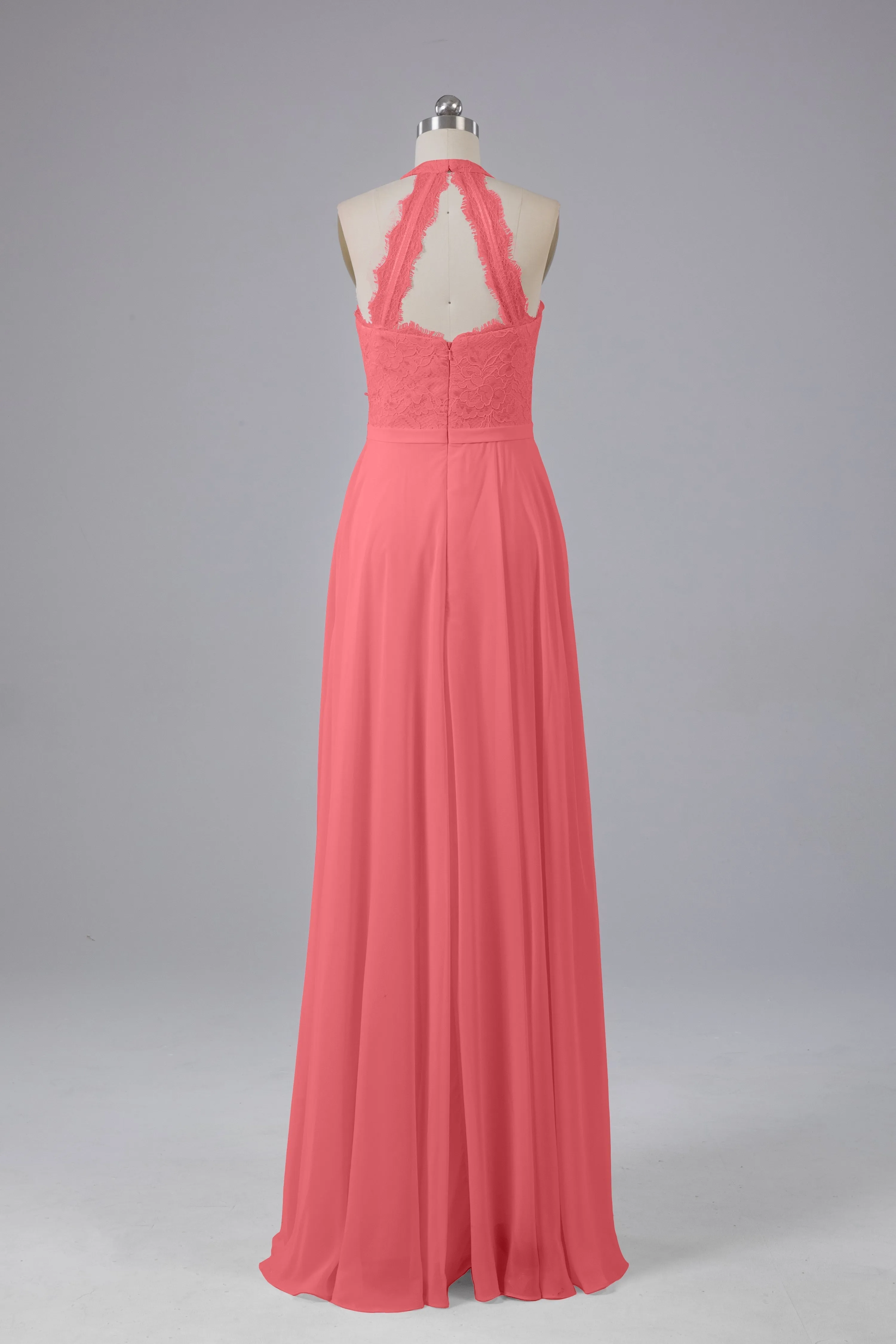 Elegant Halter Illusion Lace Floor Length Bridesmaid Dresses