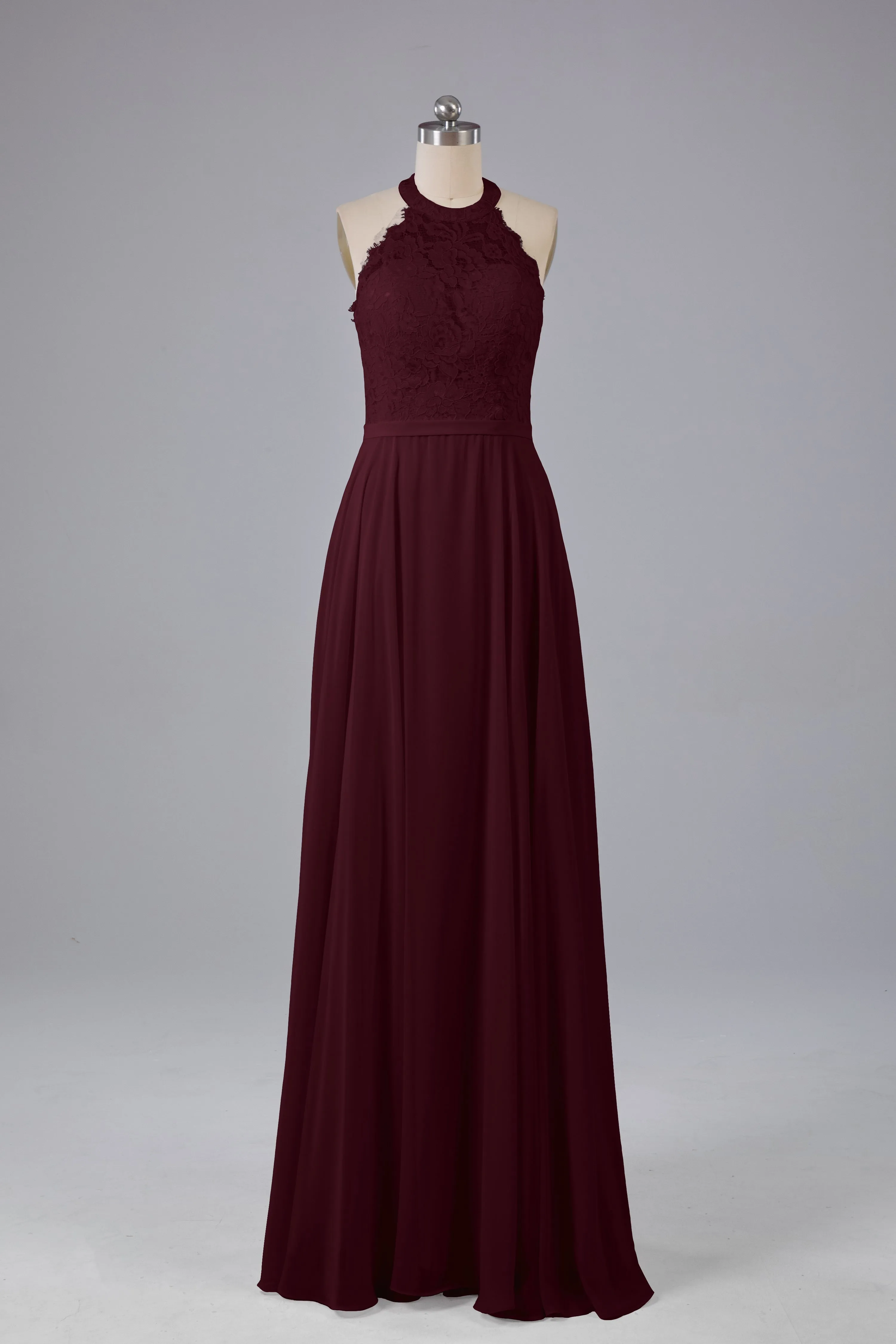 Elegant Halter Illusion Lace Floor Length Bridesmaid Dresses