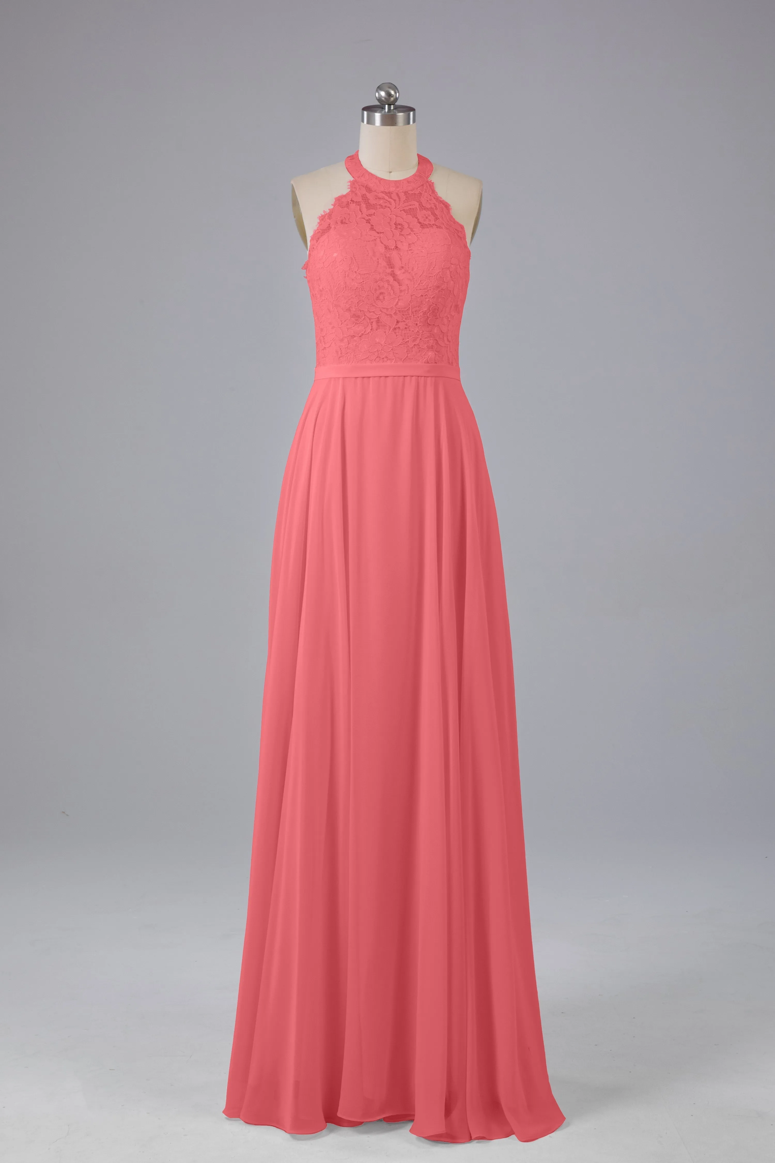 Elegant Halter Illusion Lace Floor Length Bridesmaid Dresses