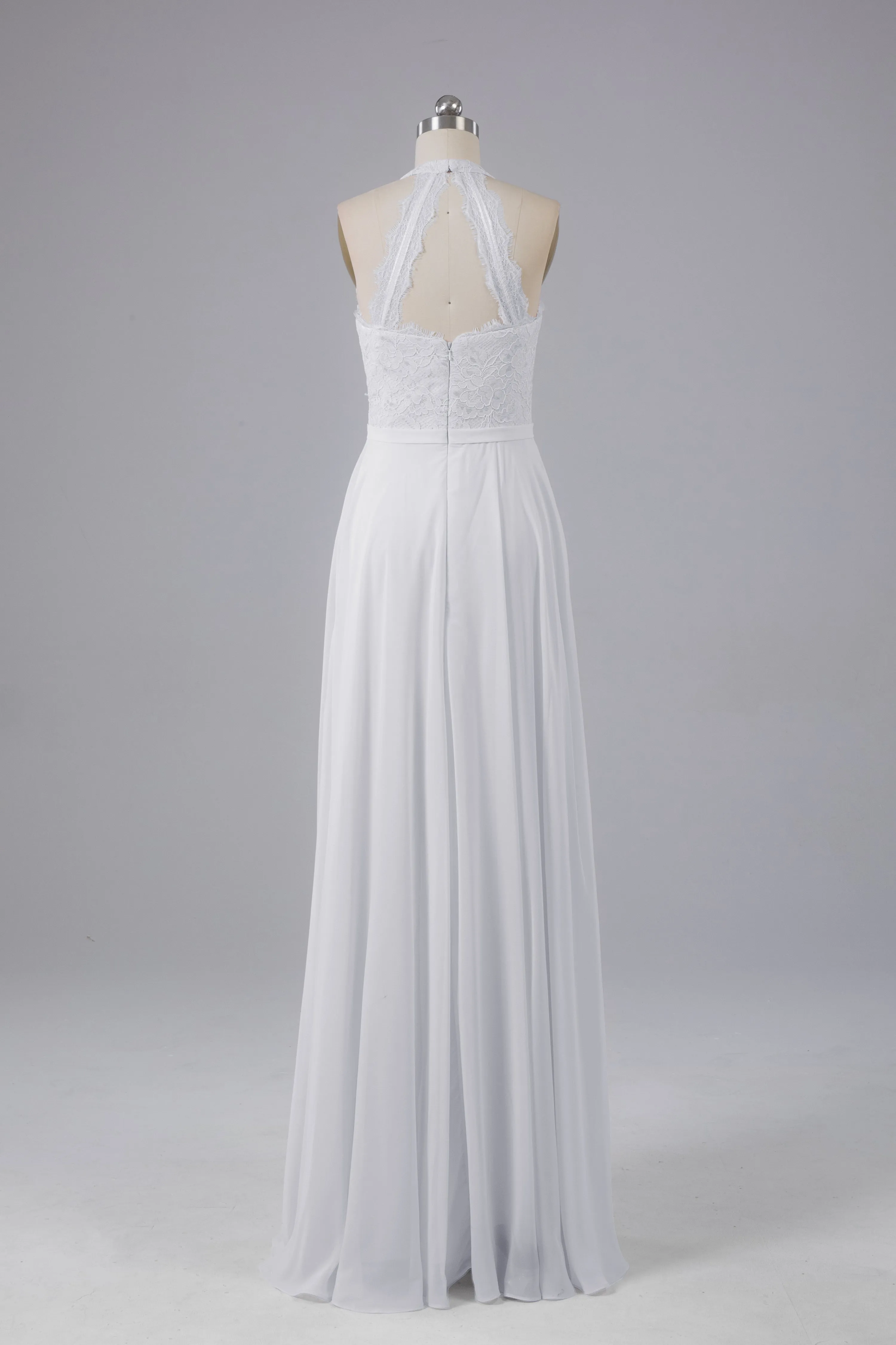 Elegant Halter Illusion Lace Floor Length Bridesmaid Dresses