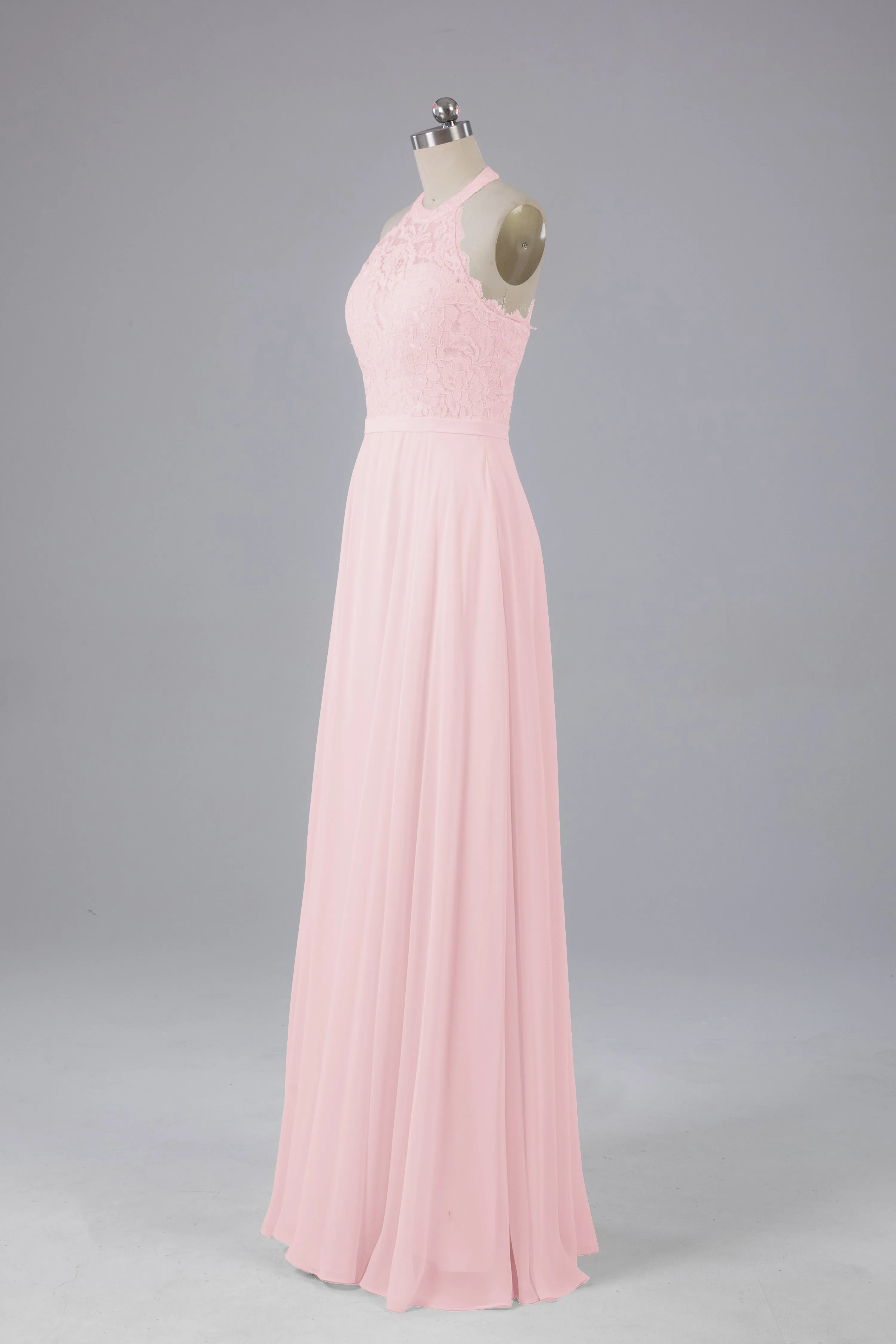 Elegant Halter Illusion Lace Floor Length Bridesmaid Dresses