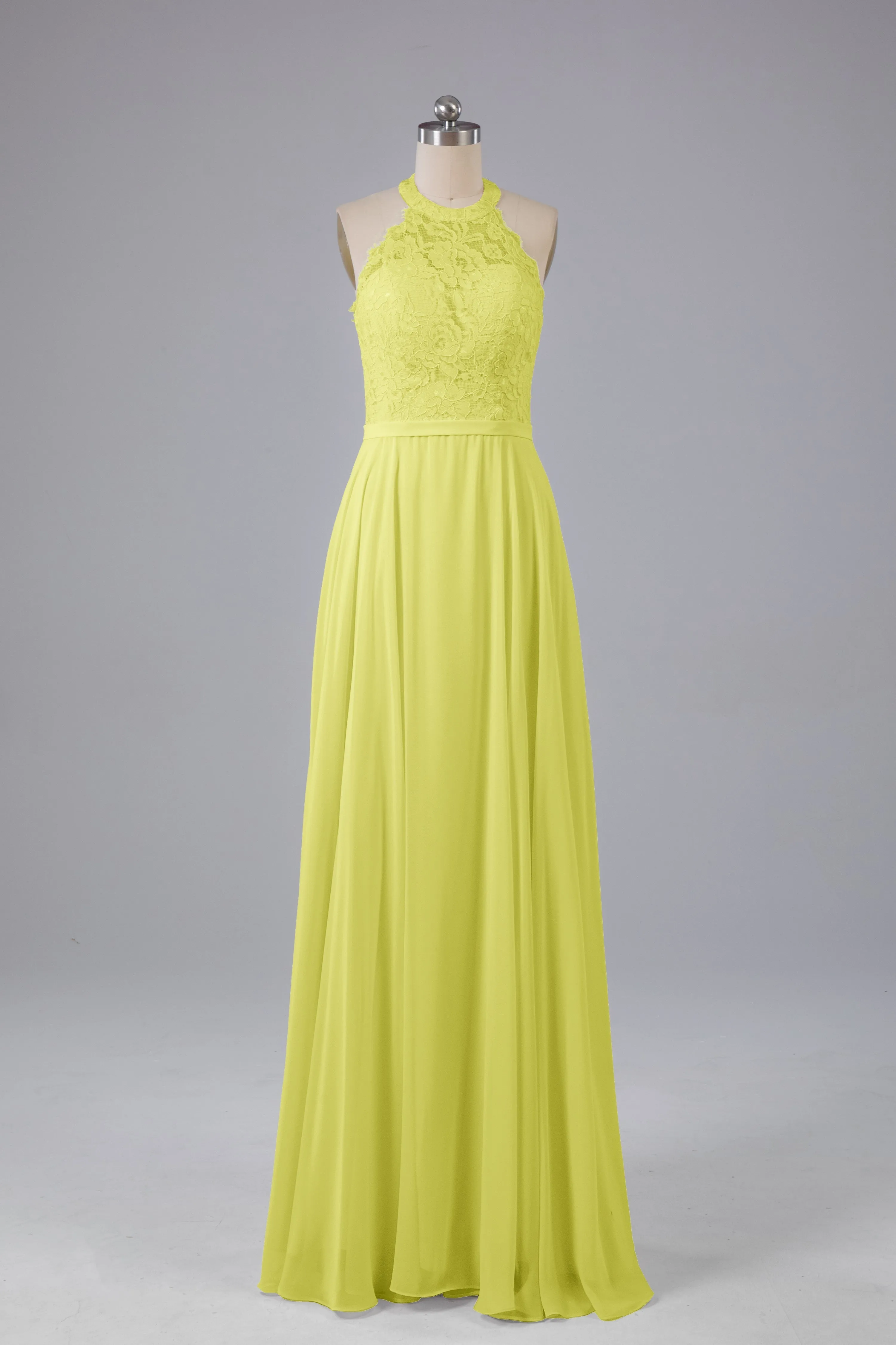 Elegant Halter Illusion Lace Floor Length Bridesmaid Dresses