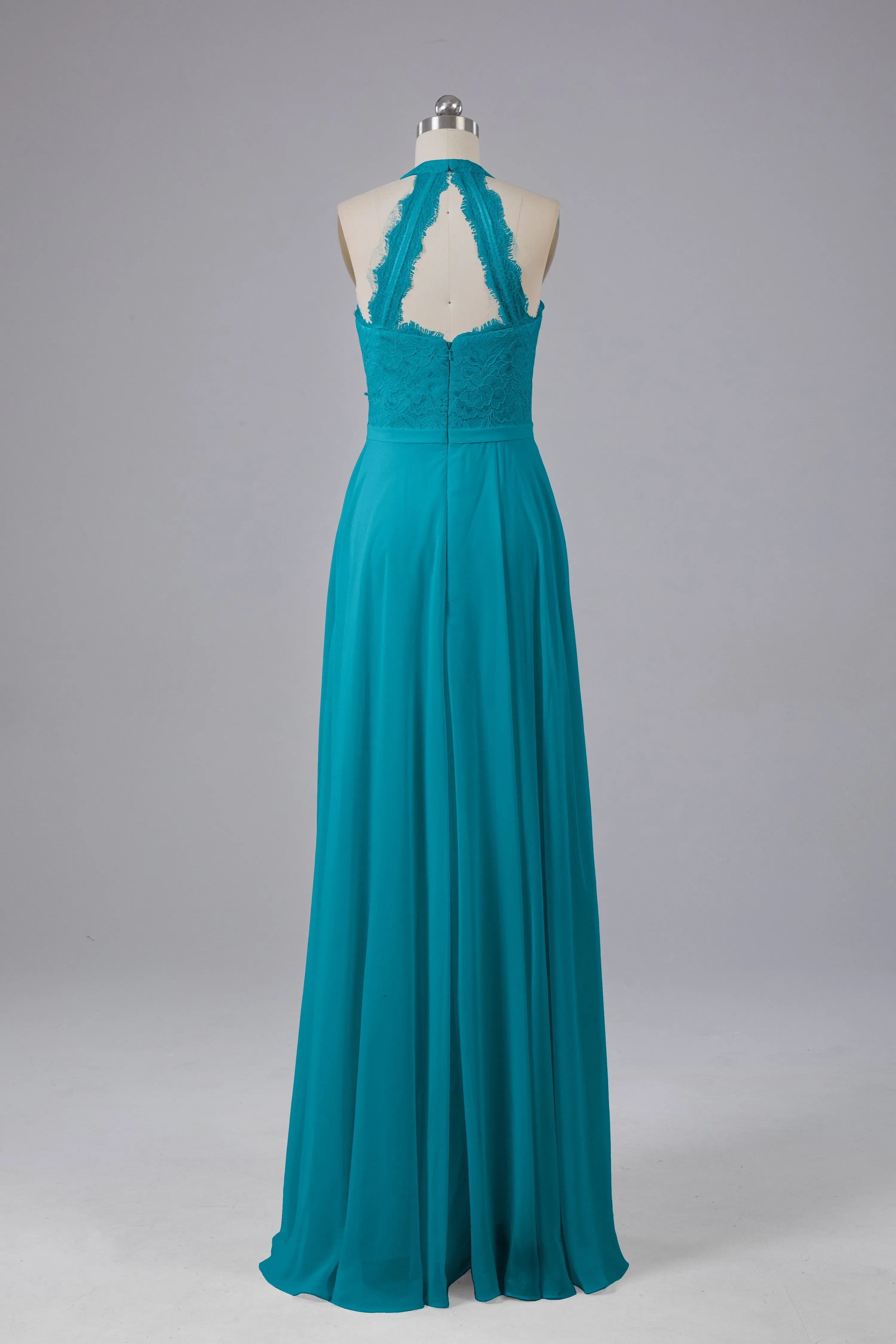 Elegant Halter Illusion Lace Floor Length Bridesmaid Dresses