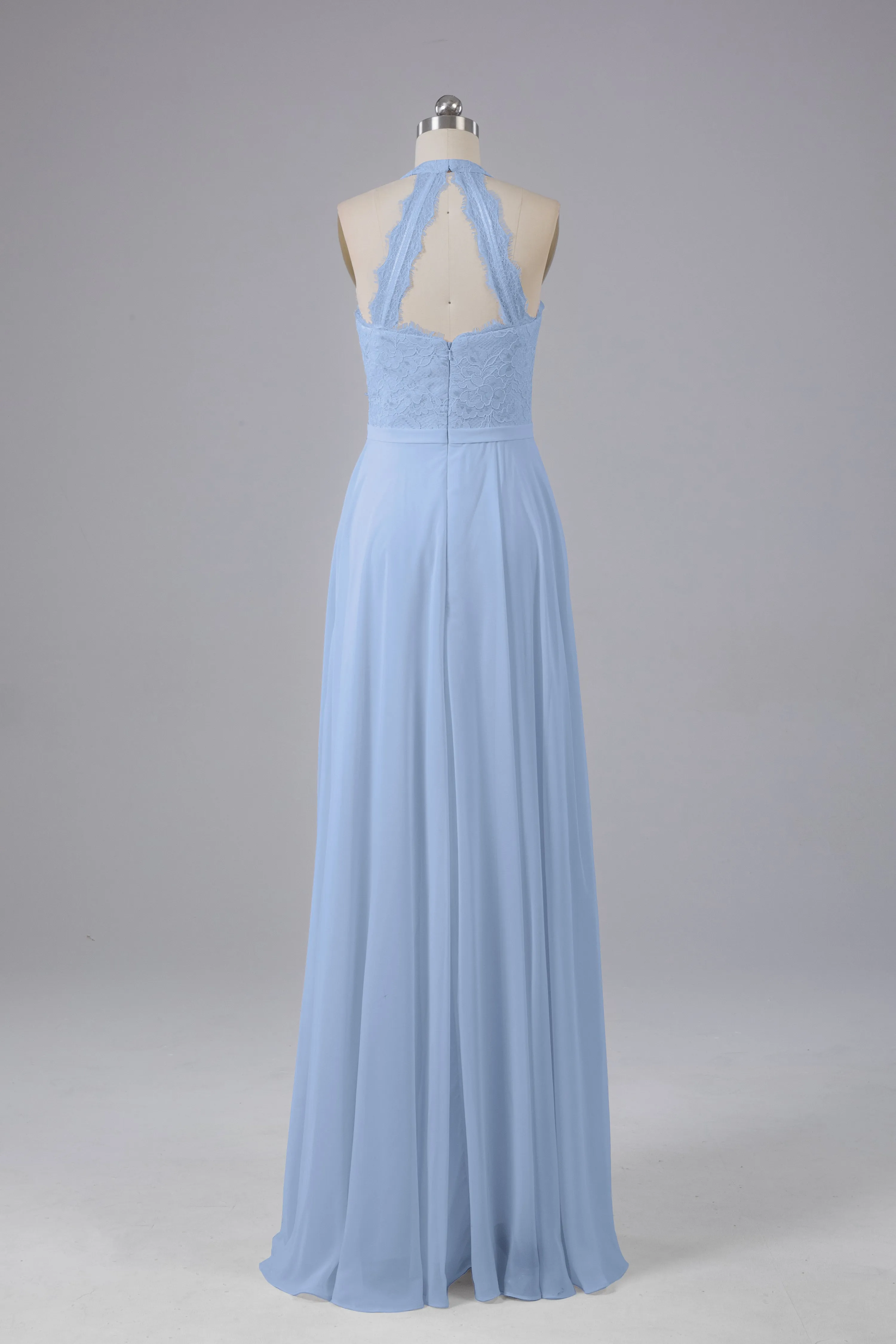 Elegant Halter Illusion Lace Floor Length Bridesmaid Dresses