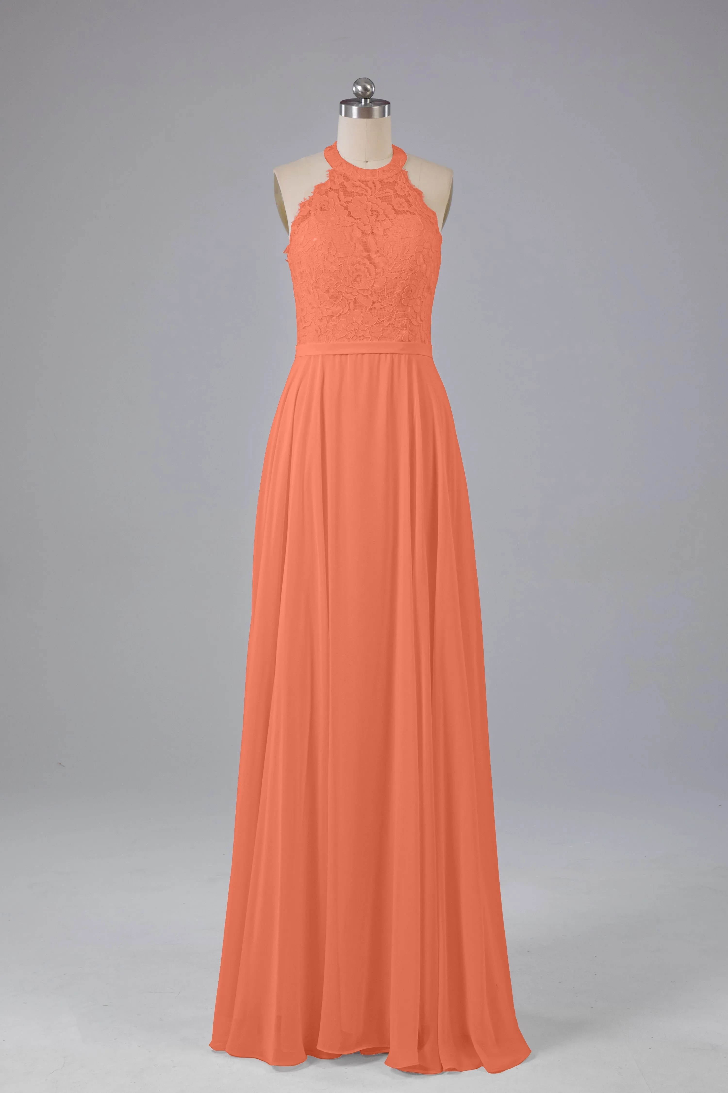 Elegant Halter Illusion Lace Floor Length Bridesmaid Dresses