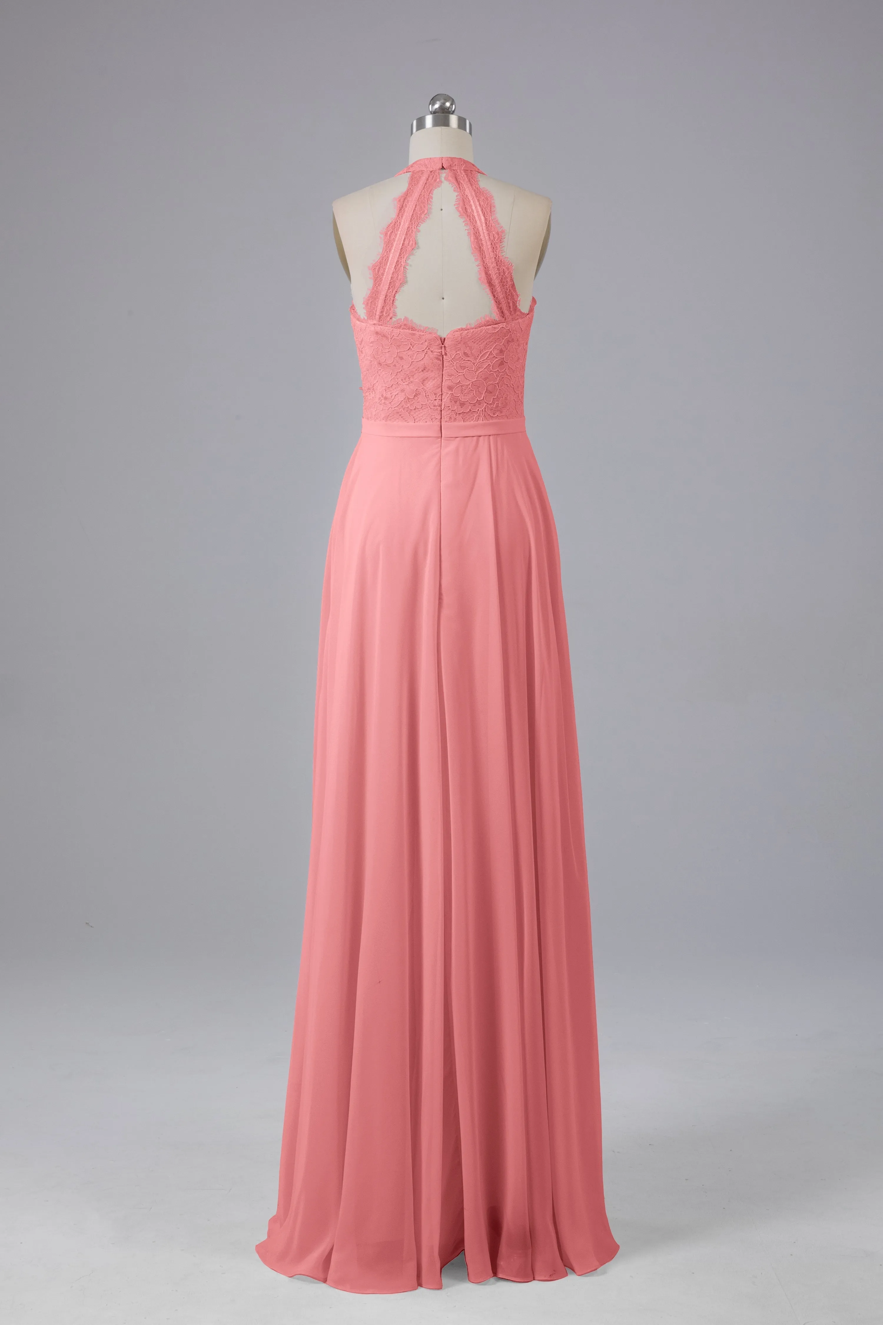 Elegant Halter Illusion Lace Floor Length Bridesmaid Dresses