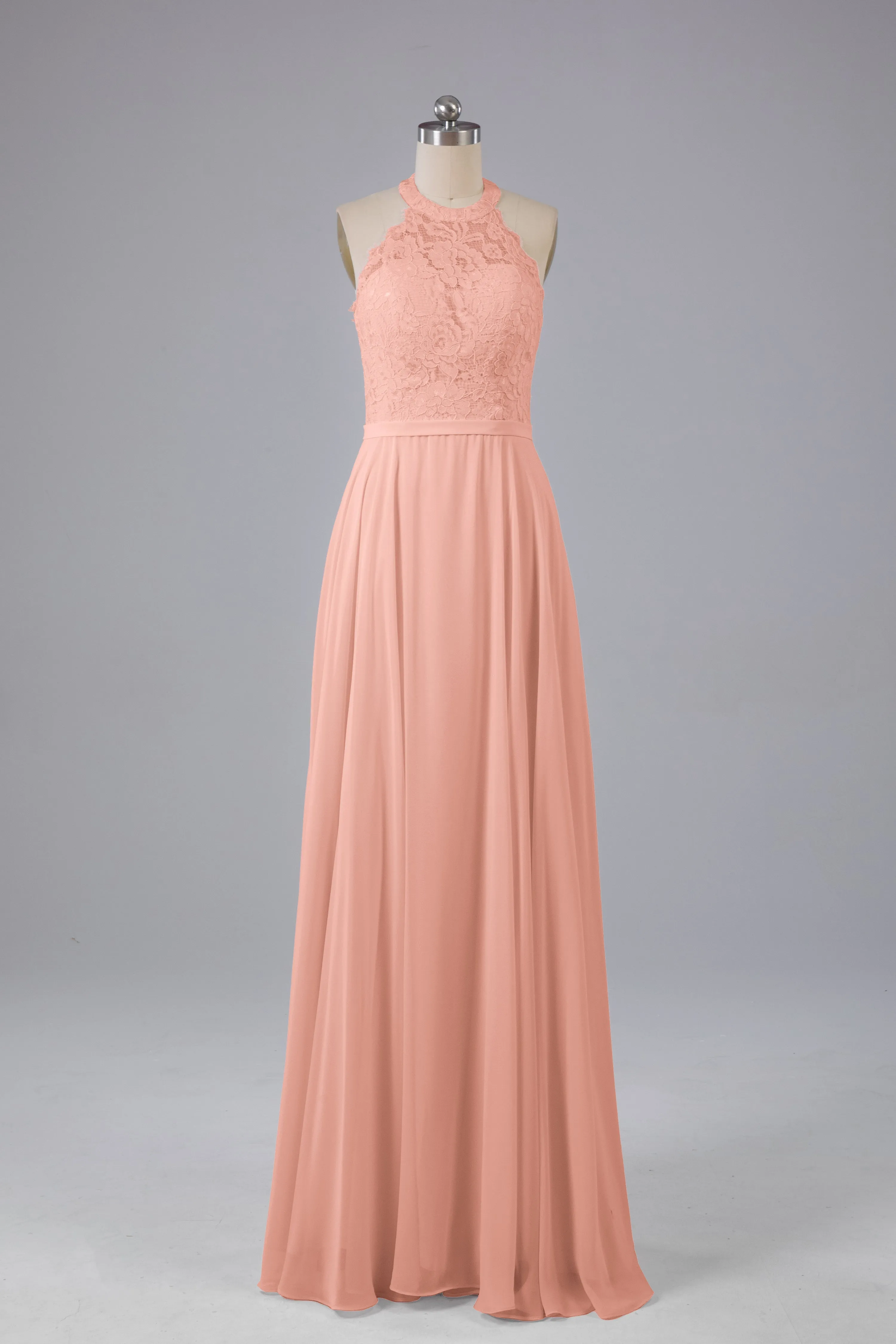 Elegant Halter Illusion Lace Floor Length Bridesmaid Dresses