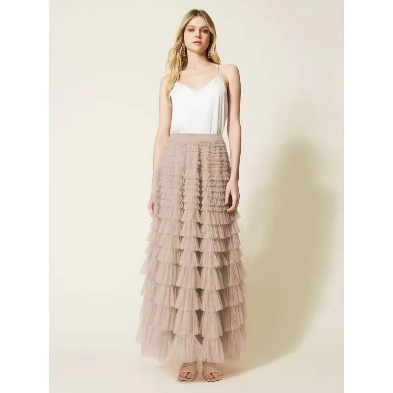 FAIRYTALE TIERED RUFFLE TULLE MESH SKIRT BEIGE