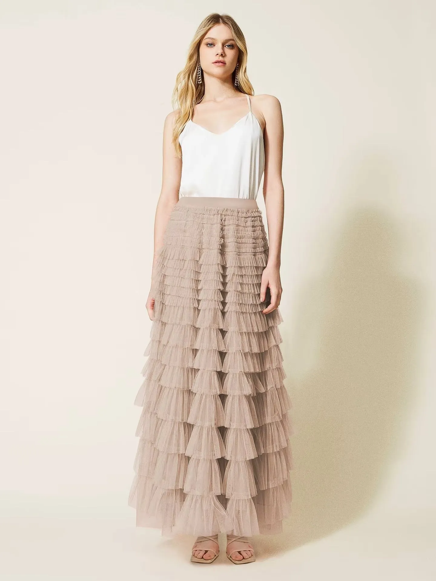 FAIRYTALE TIERED RUFFLE TULLE MESH SKIRT BEIGE