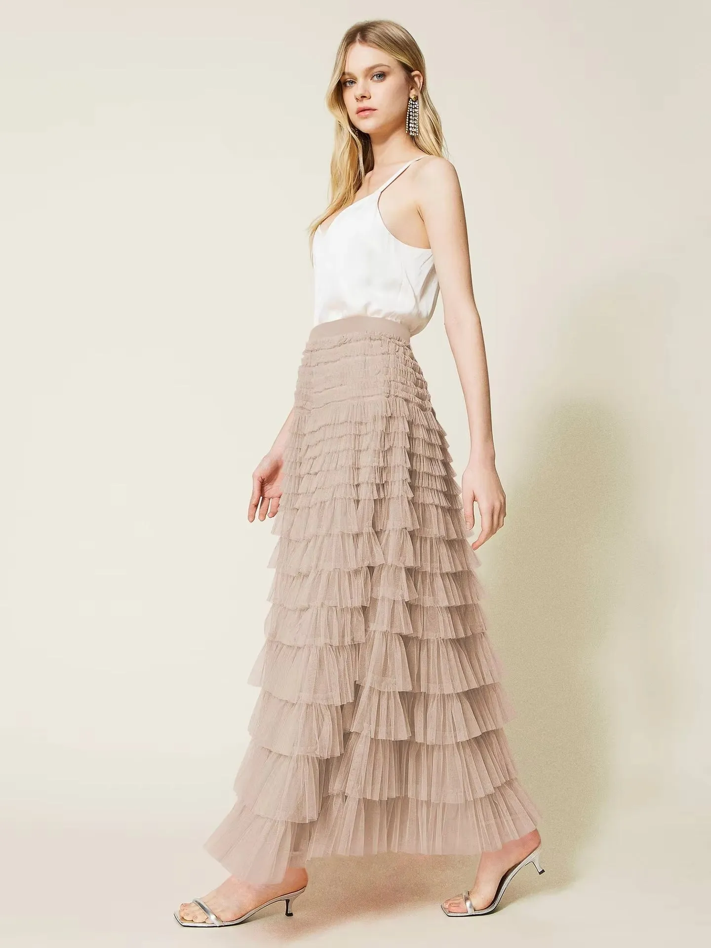 FAIRYTALE TIERED RUFFLE TULLE MESH SKIRT BEIGE