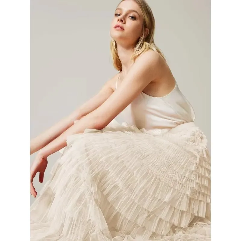 FAIRYTALE TIERED RUFFLE TULLE MESH SKIRT IVORY