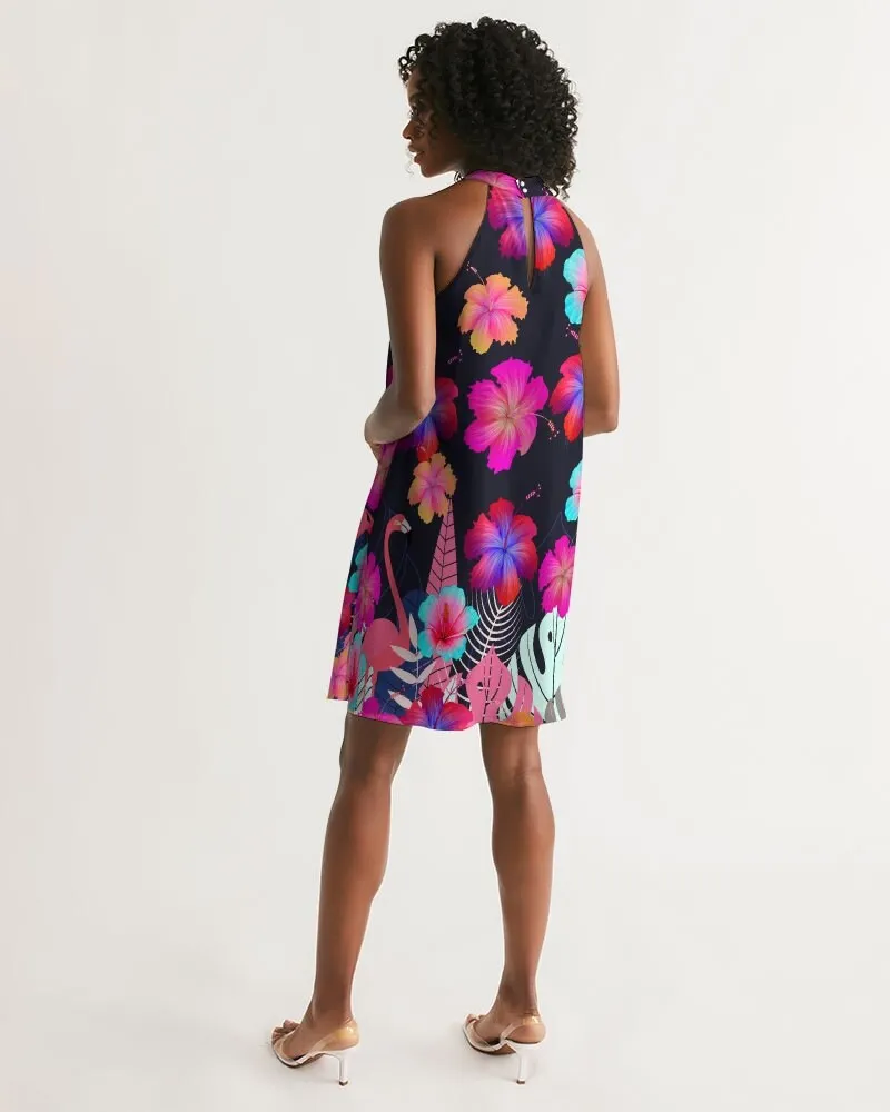 Floral Hibiscus Flamingos Halter Dress