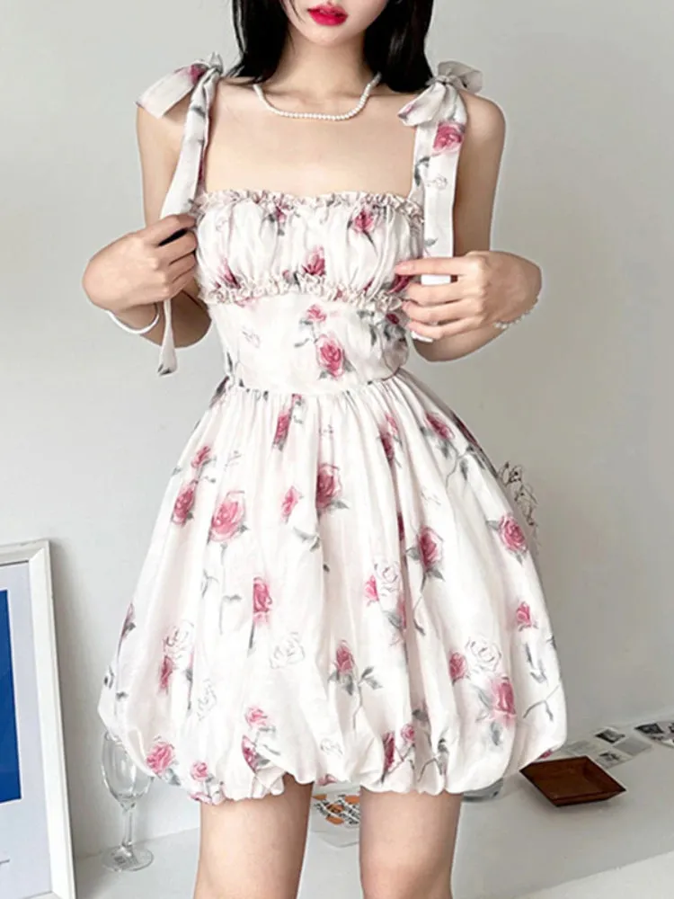 Flowers Printed Bud Folds Cute Dress