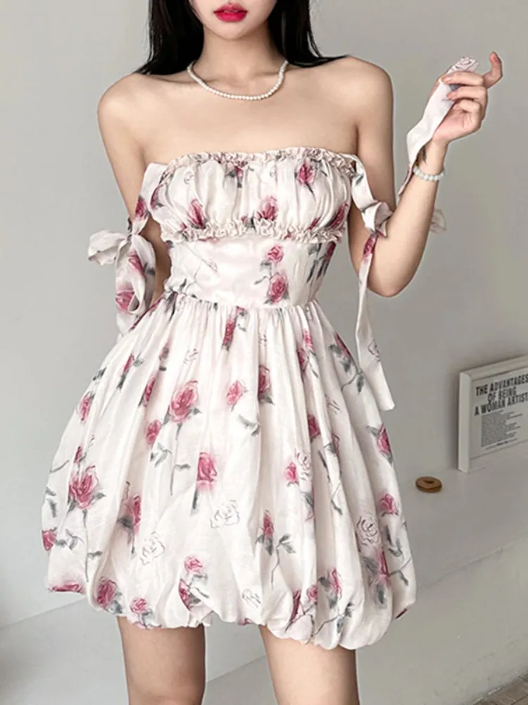 Flowers Printed Bud Folds Cute Dress