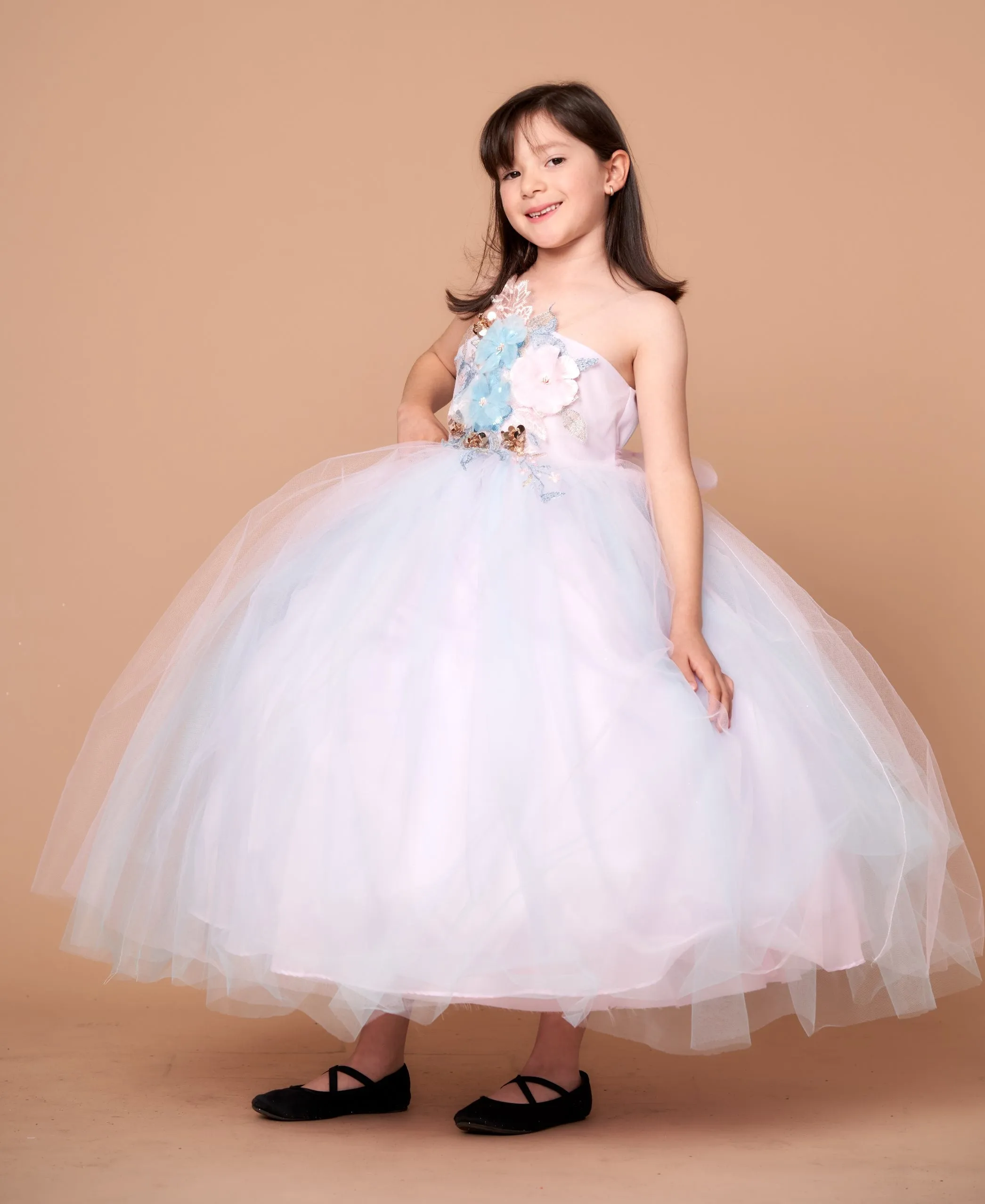 Girls 3D Floral Halter Tulle Gown by Calla D830