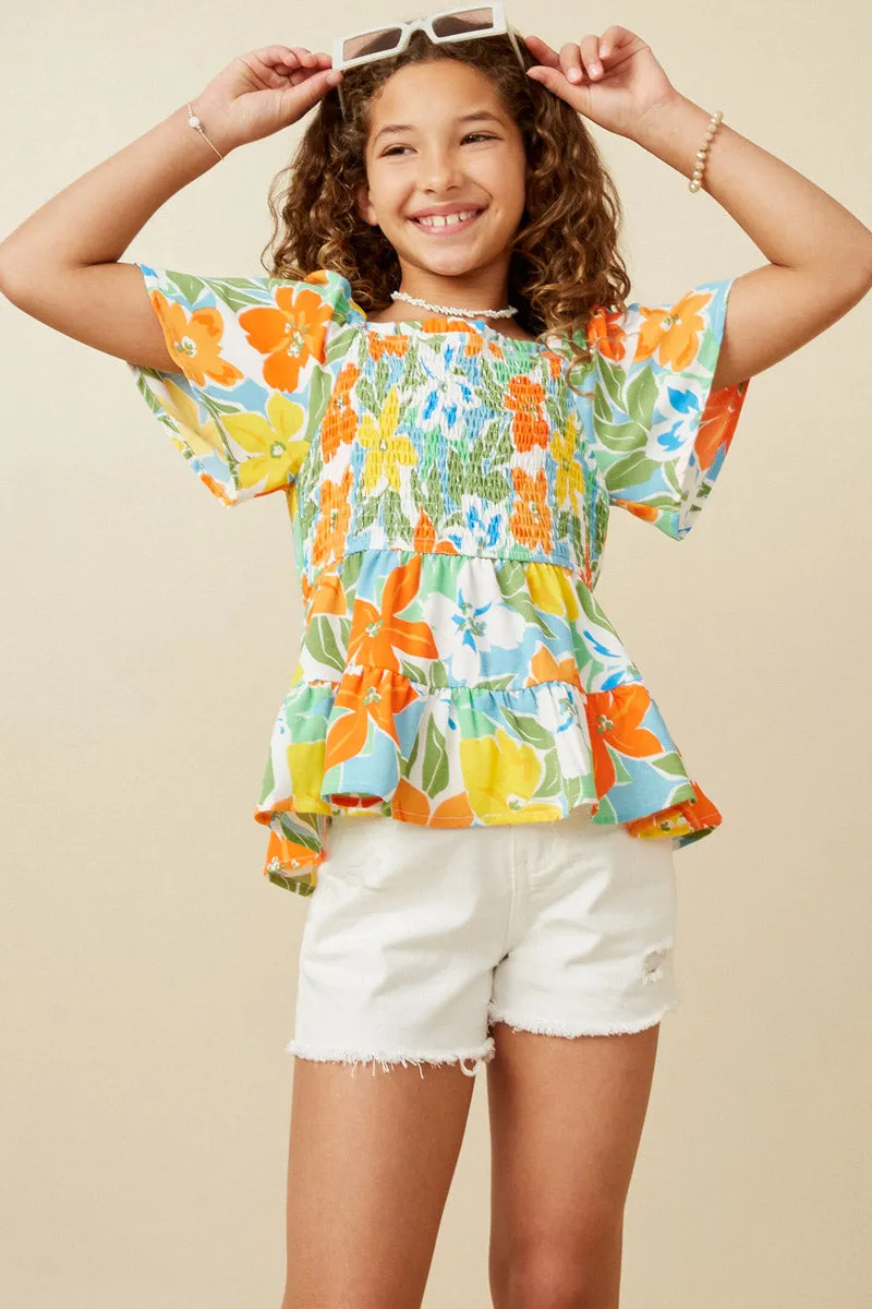 Girls Resort Floral Smocked Peplum Top