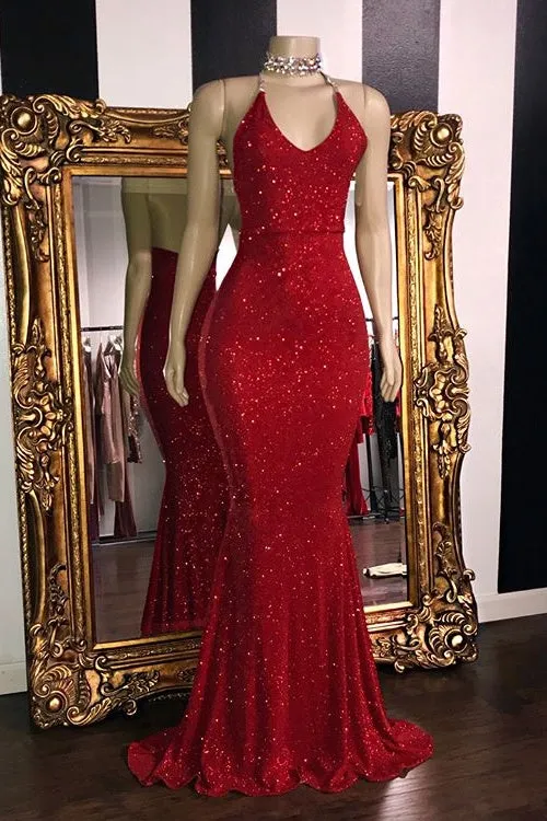 Glitter Halter Sheath Backless Long Prom Dresses Fashion Dresses