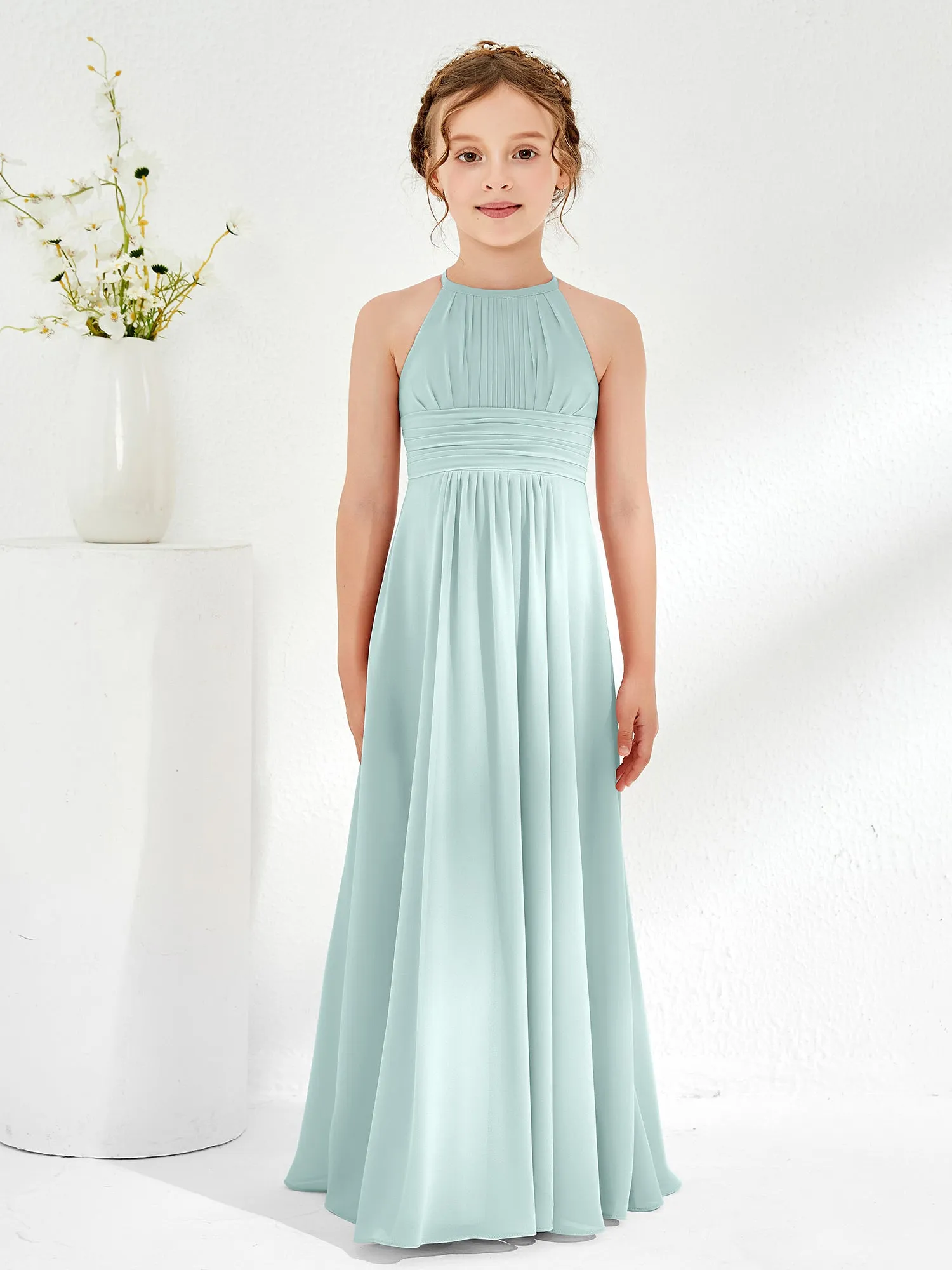 Halter Chiffon Junior Bridesmaid Dresses Mist