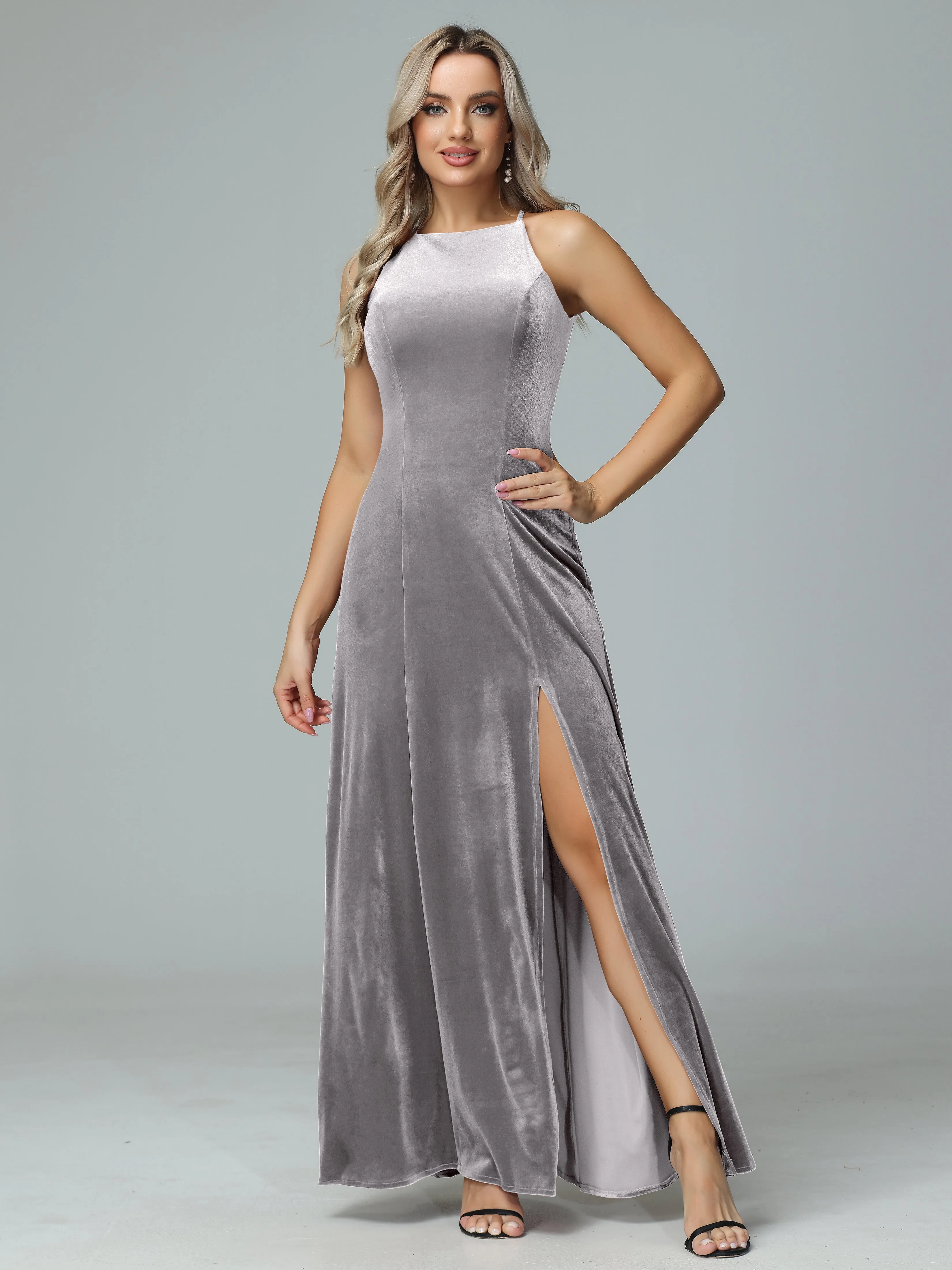 Halter Sleeveless Velvet Bridesmaid Dresses with Slit