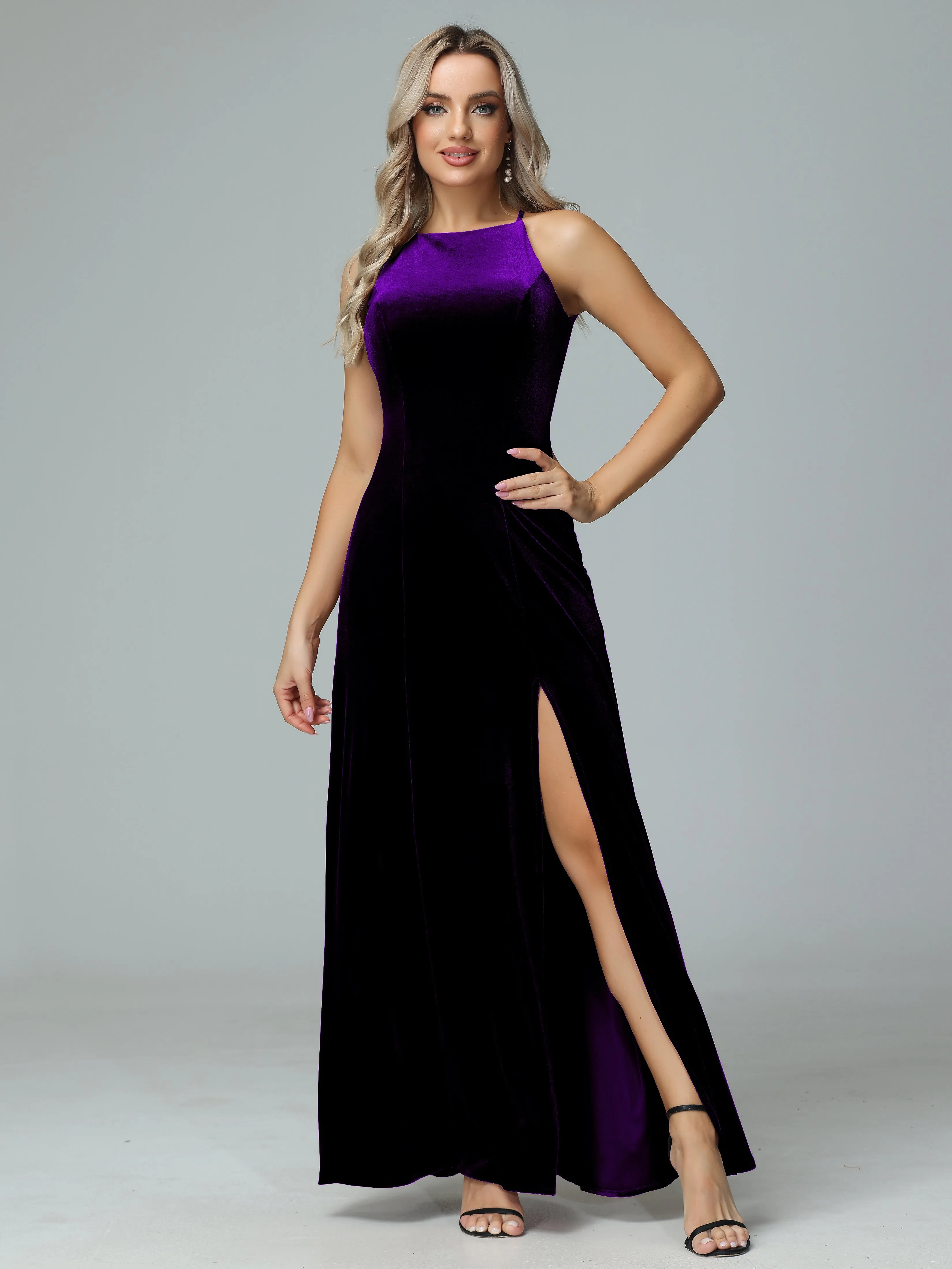 Halter Sleeveless Velvet Bridesmaid Dresses with Slit