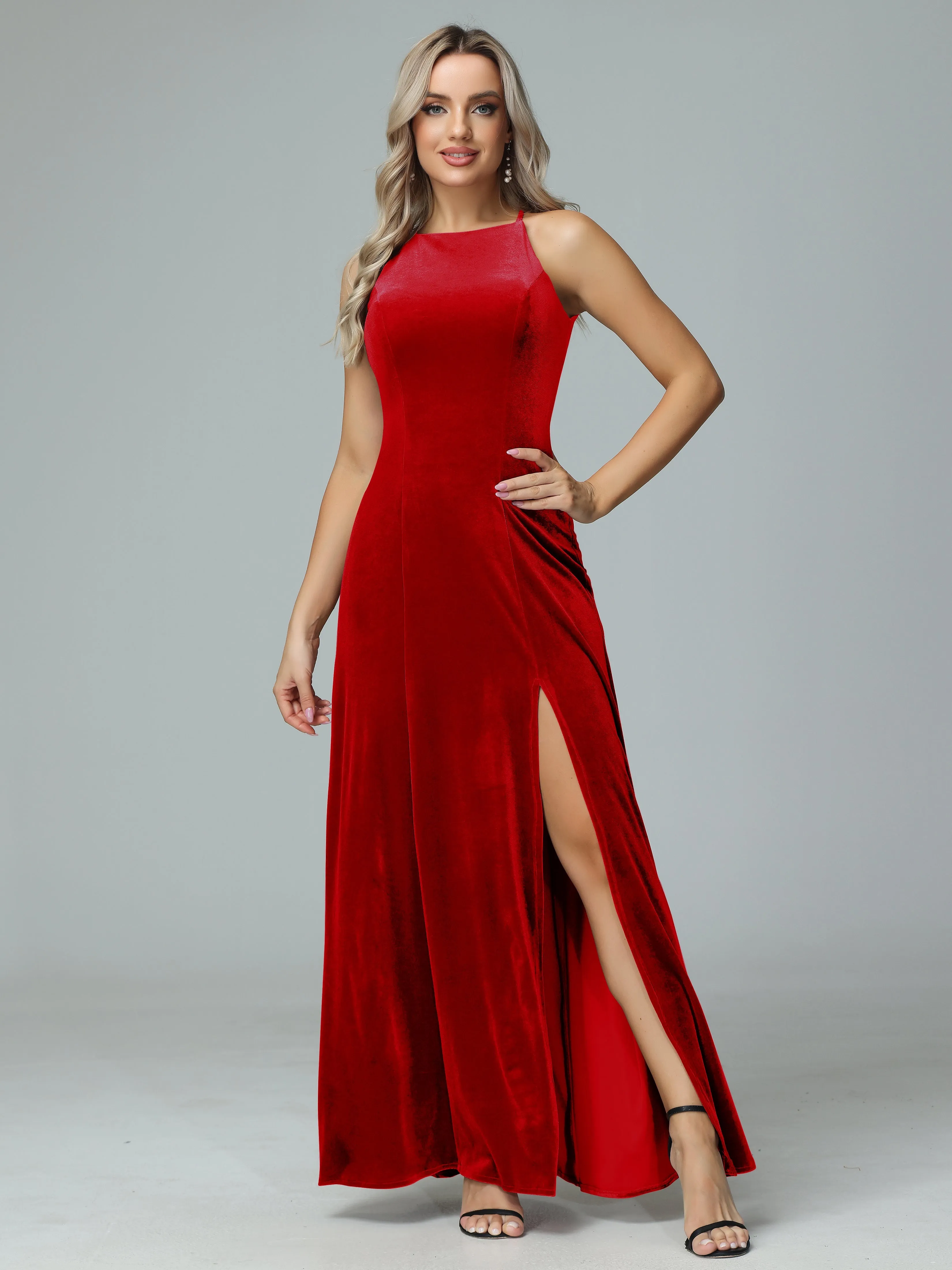 Halter Sleeveless Velvet Bridesmaid Dresses with Slit