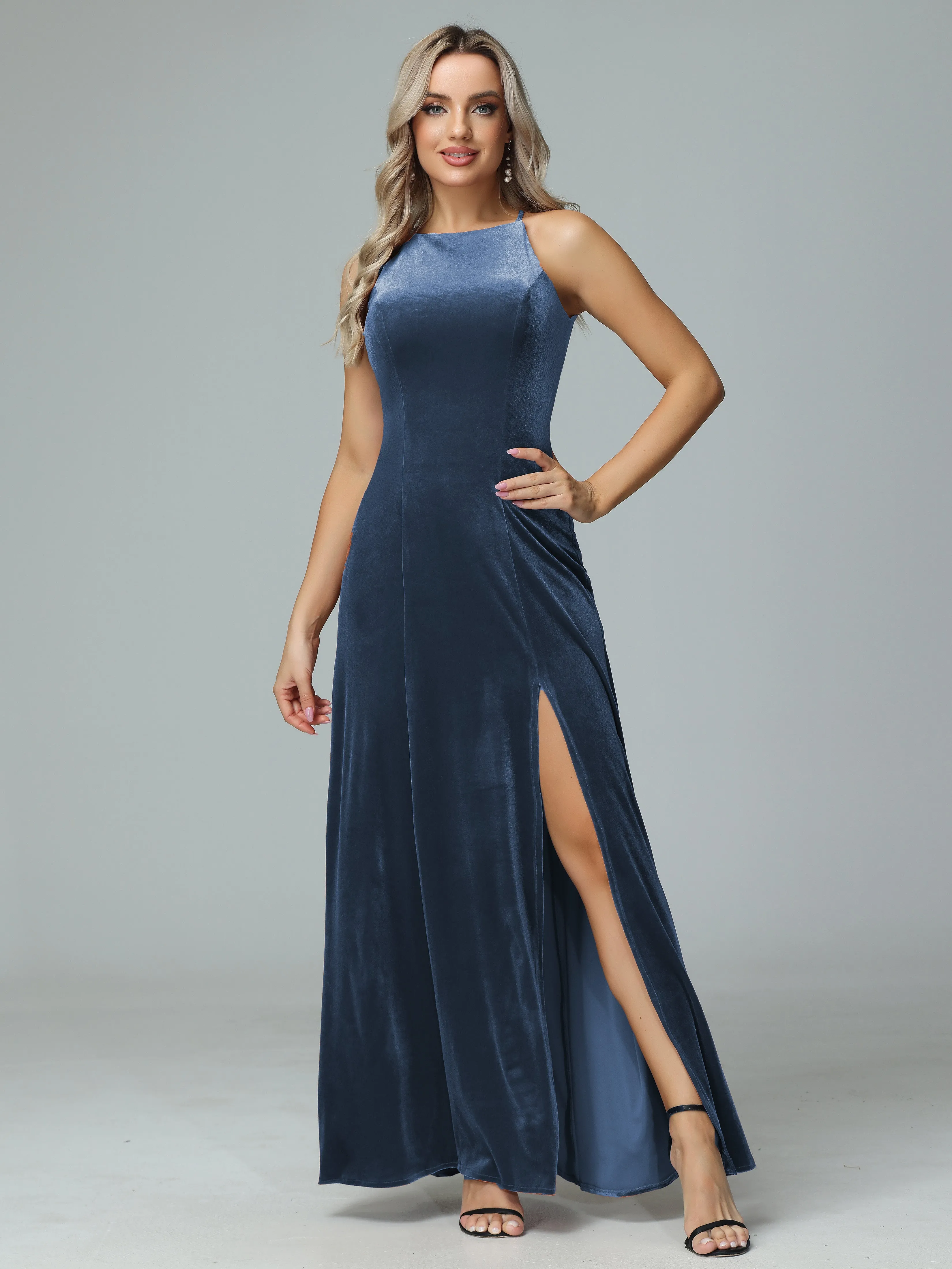 Halter Sleeveless Velvet Bridesmaid Dresses with Slit