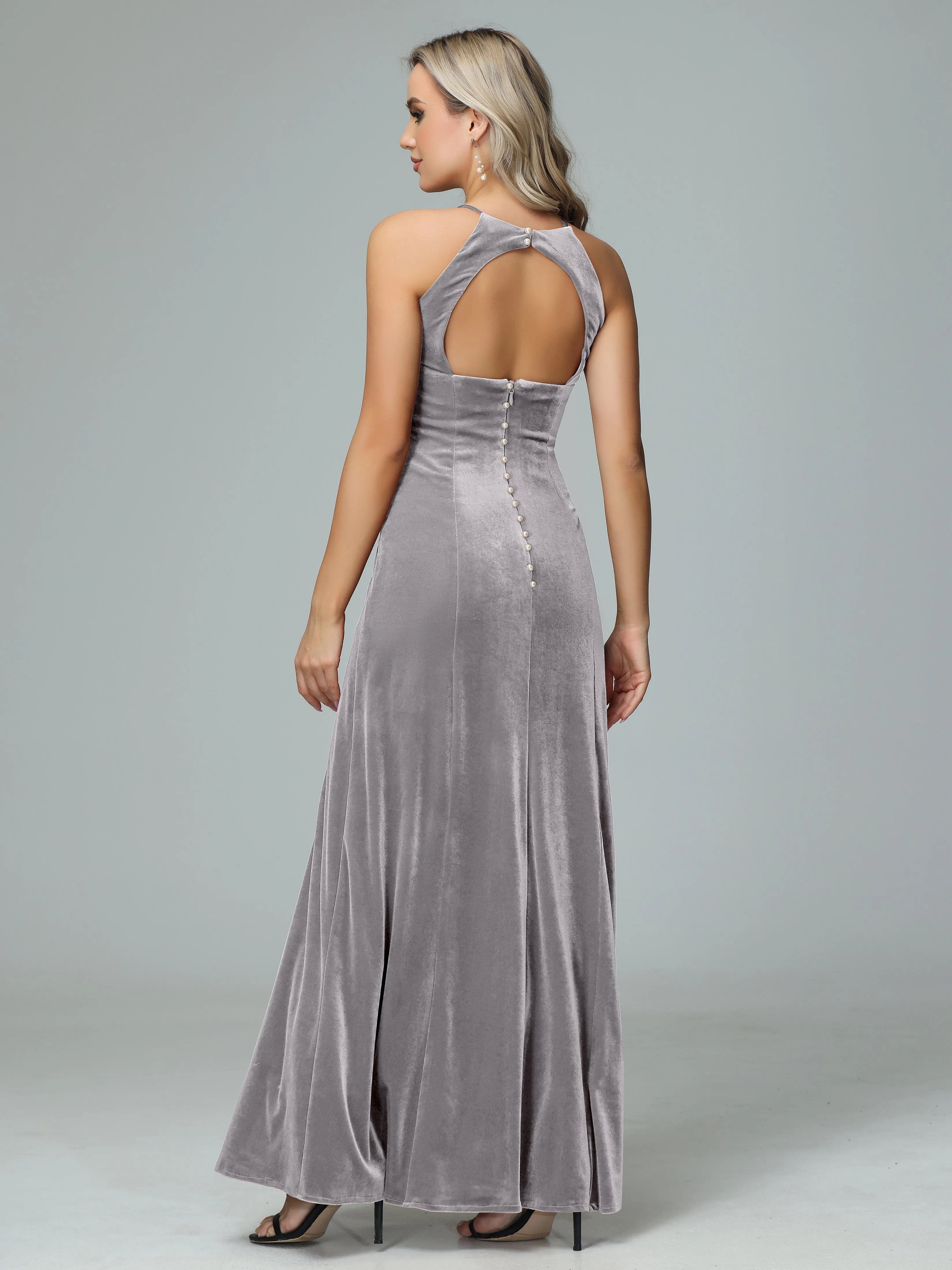 Halter Sleeveless Velvet Bridesmaid Dresses with Slit