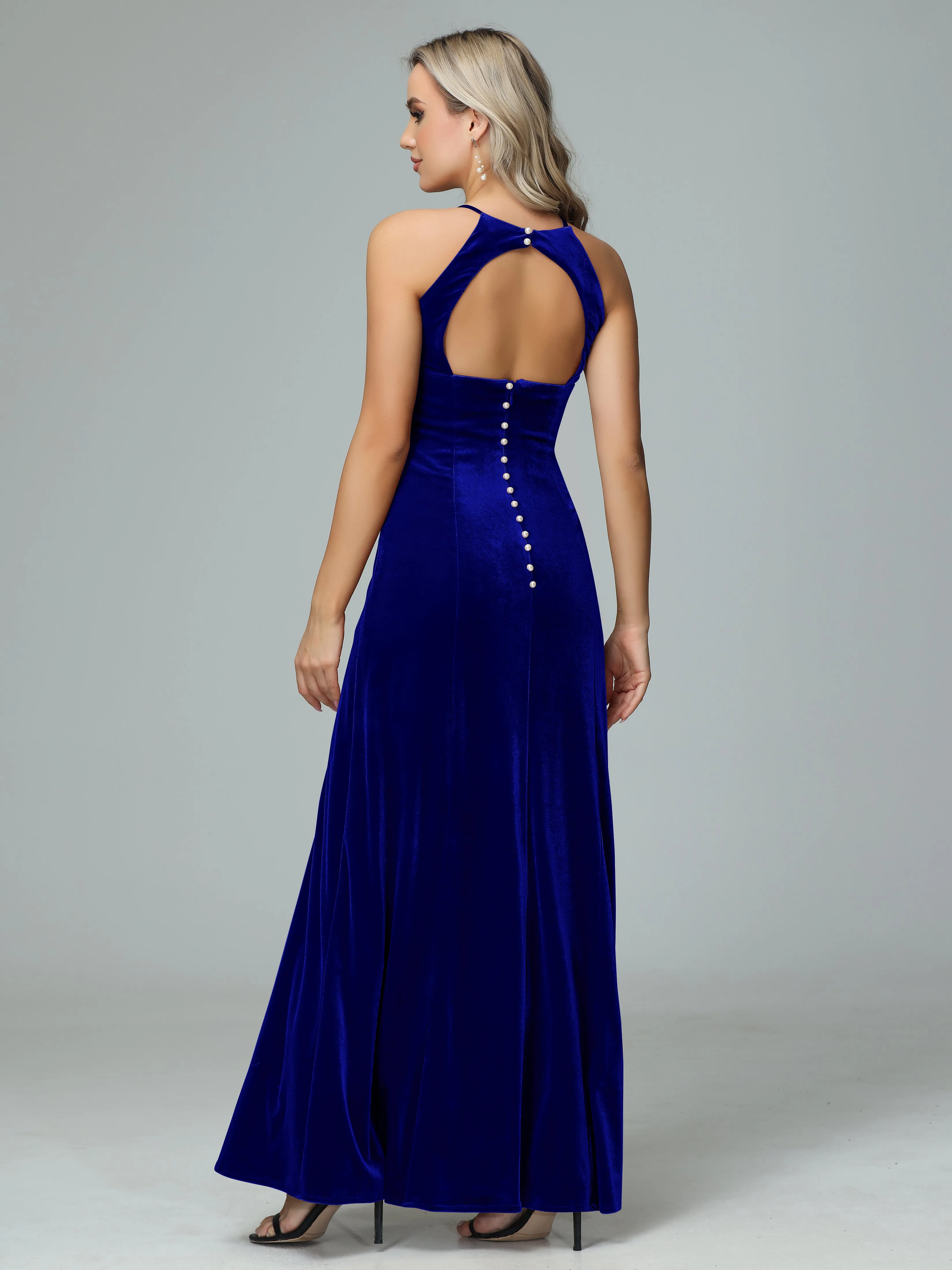 Halter Sleeveless Velvet Bridesmaid Dresses with Slit