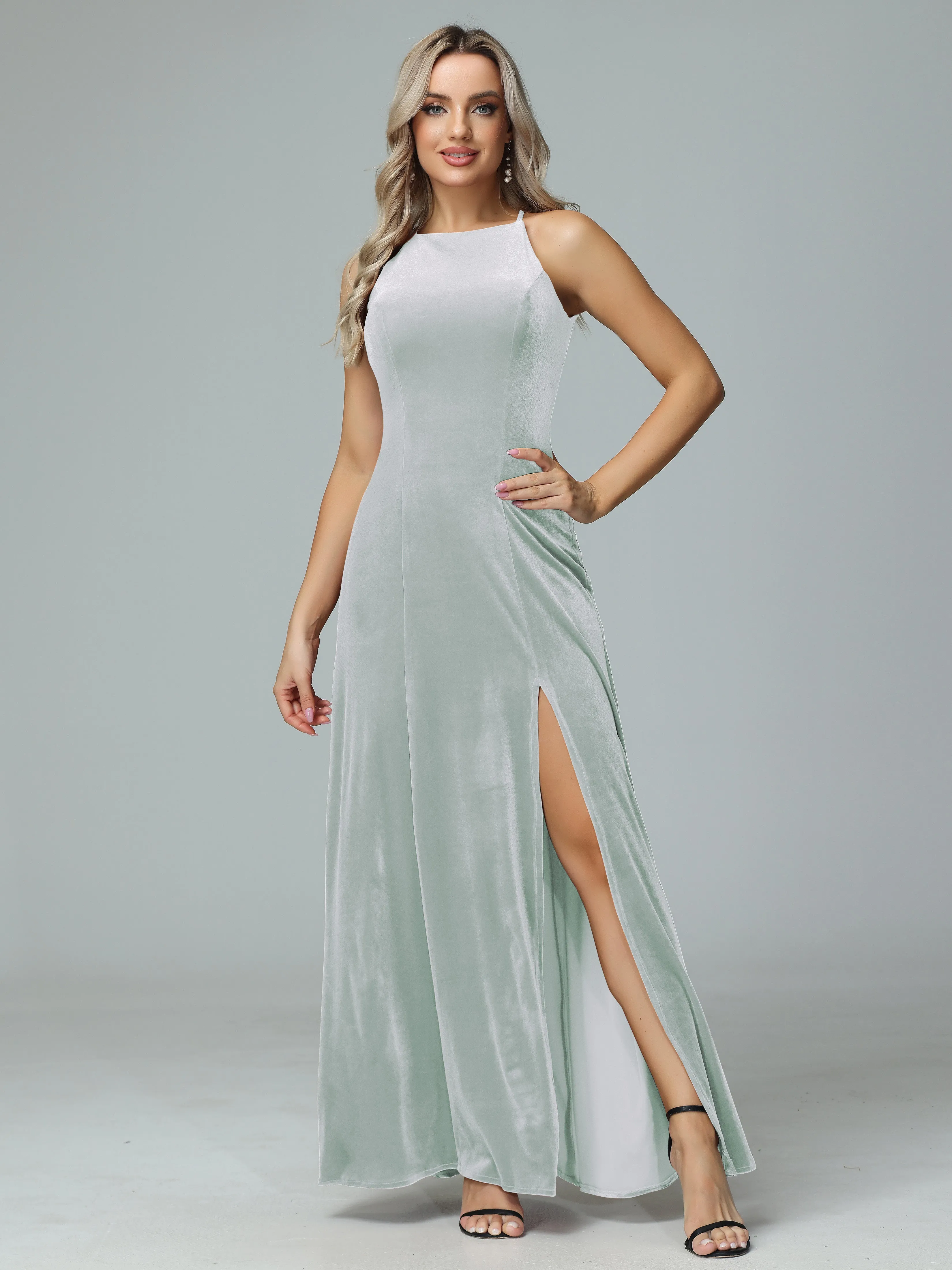 Halter Sleeveless Velvet Bridesmaid Dresses with Slit