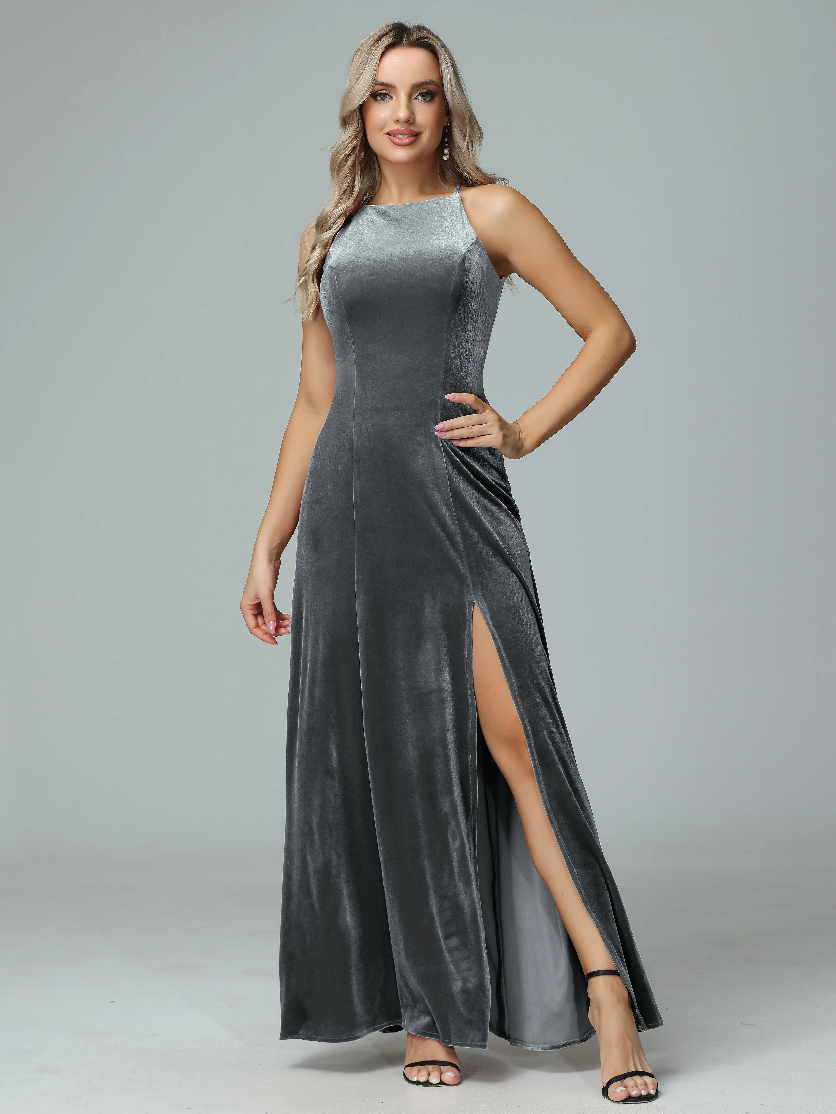 Halter Sleeveless Velvet Bridesmaid Dresses with Slit