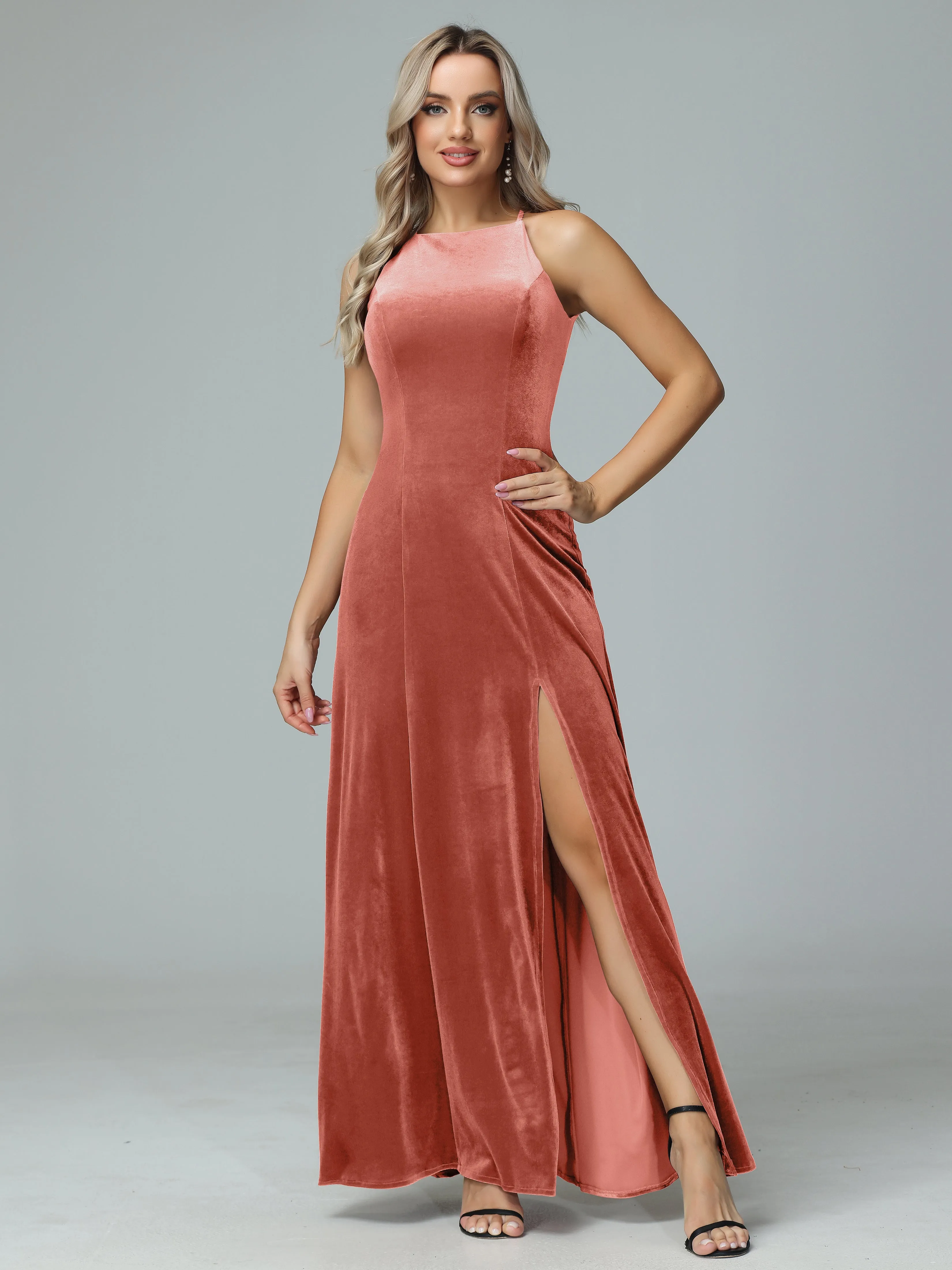 Halter Sleeveless Velvet Bridesmaid Dresses with Slit