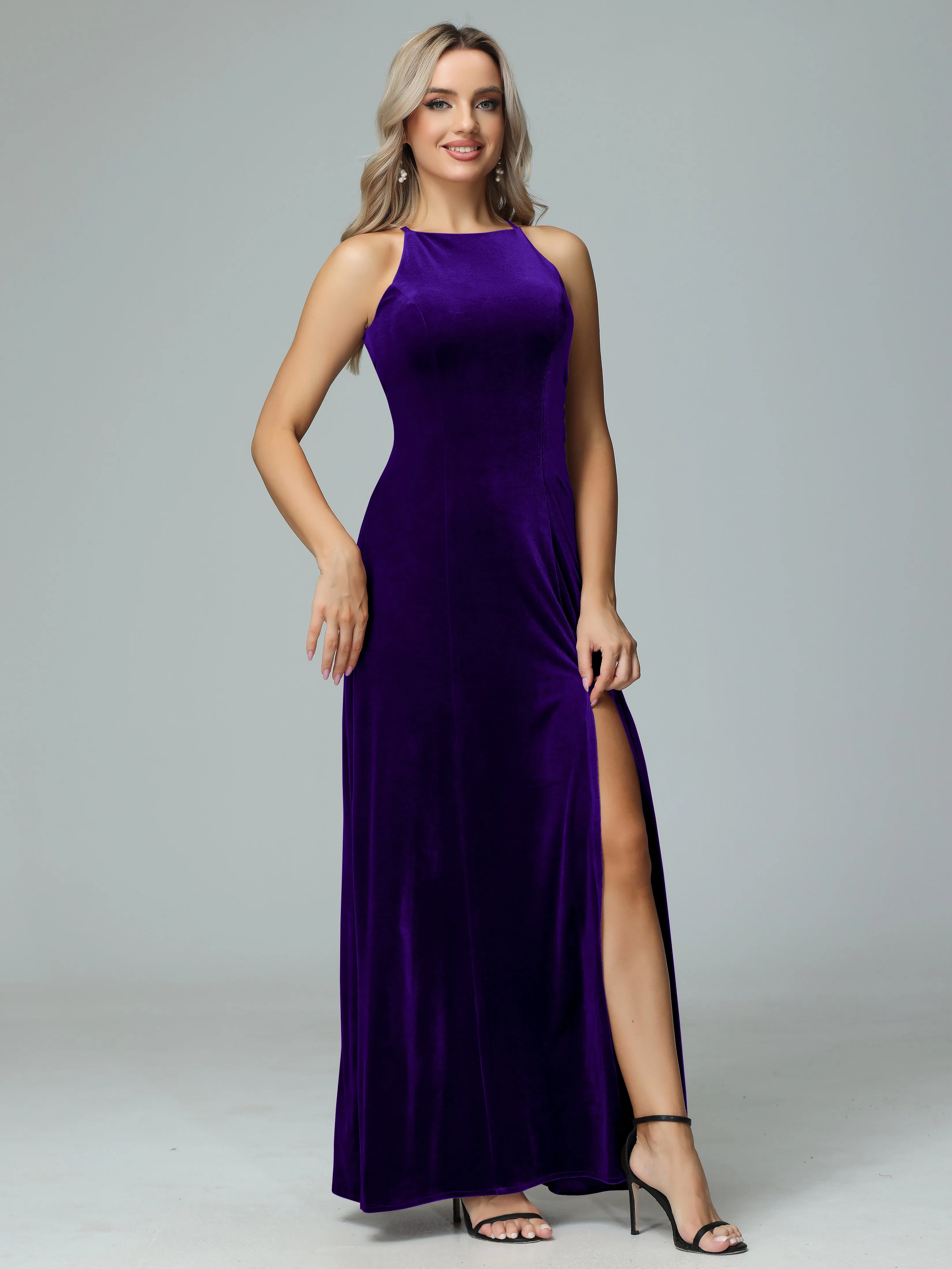 Halter Sleeveless Velvet Bridesmaid Dresses with Slit