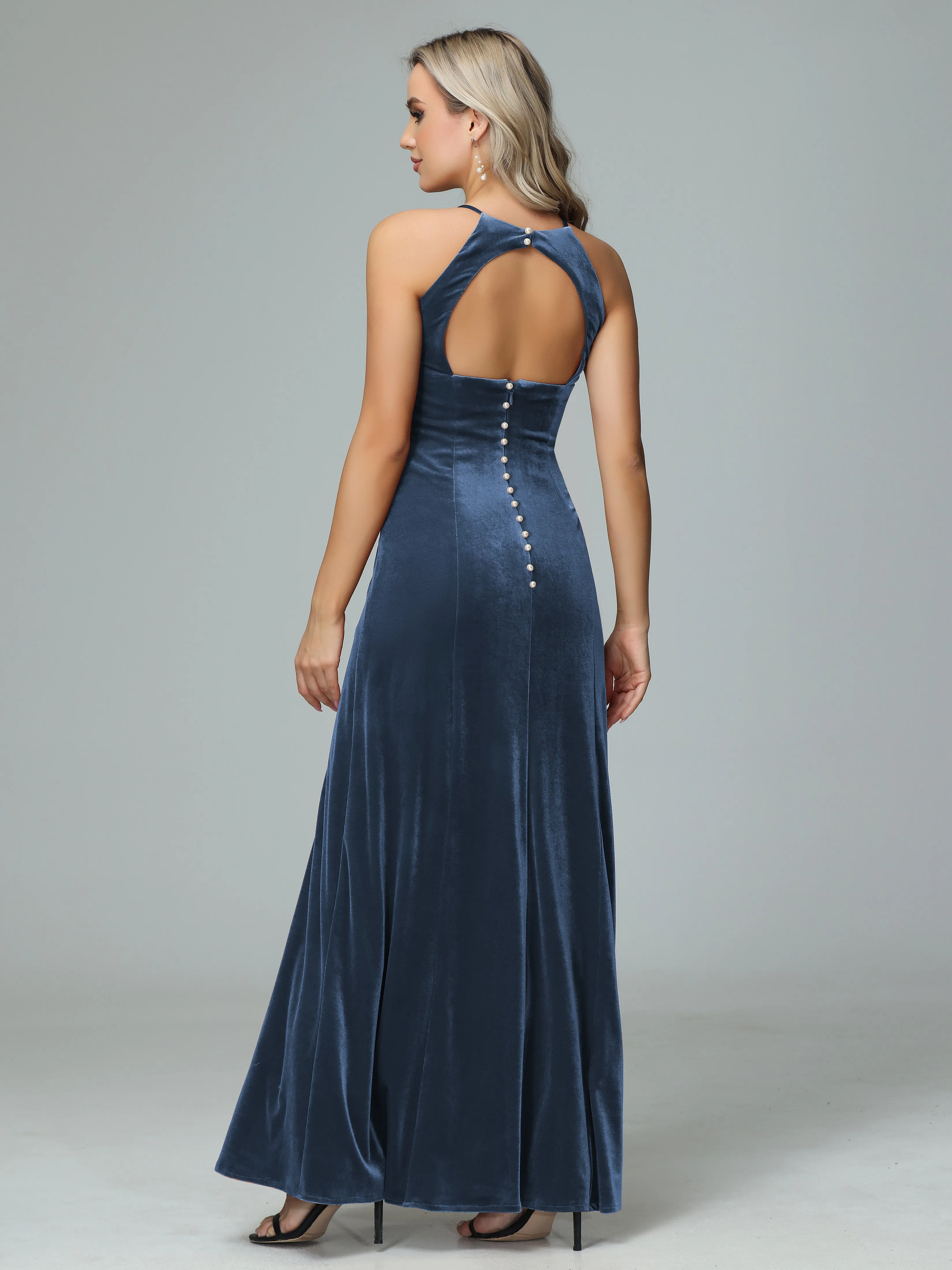 Halter Sleeveless Velvet Bridesmaid Dresses with Slit