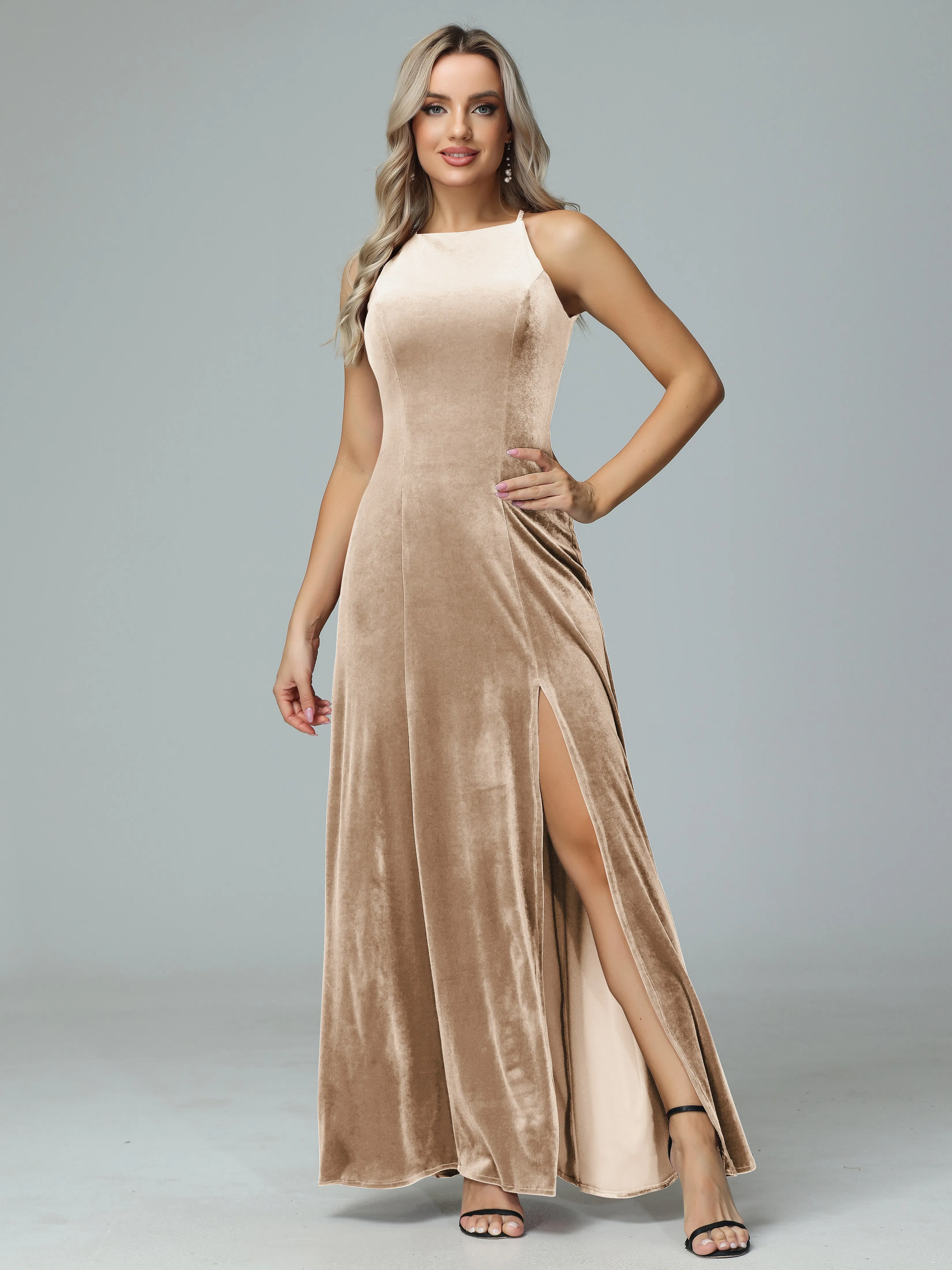 Halter Sleeveless Velvet Bridesmaid Dresses with Slit