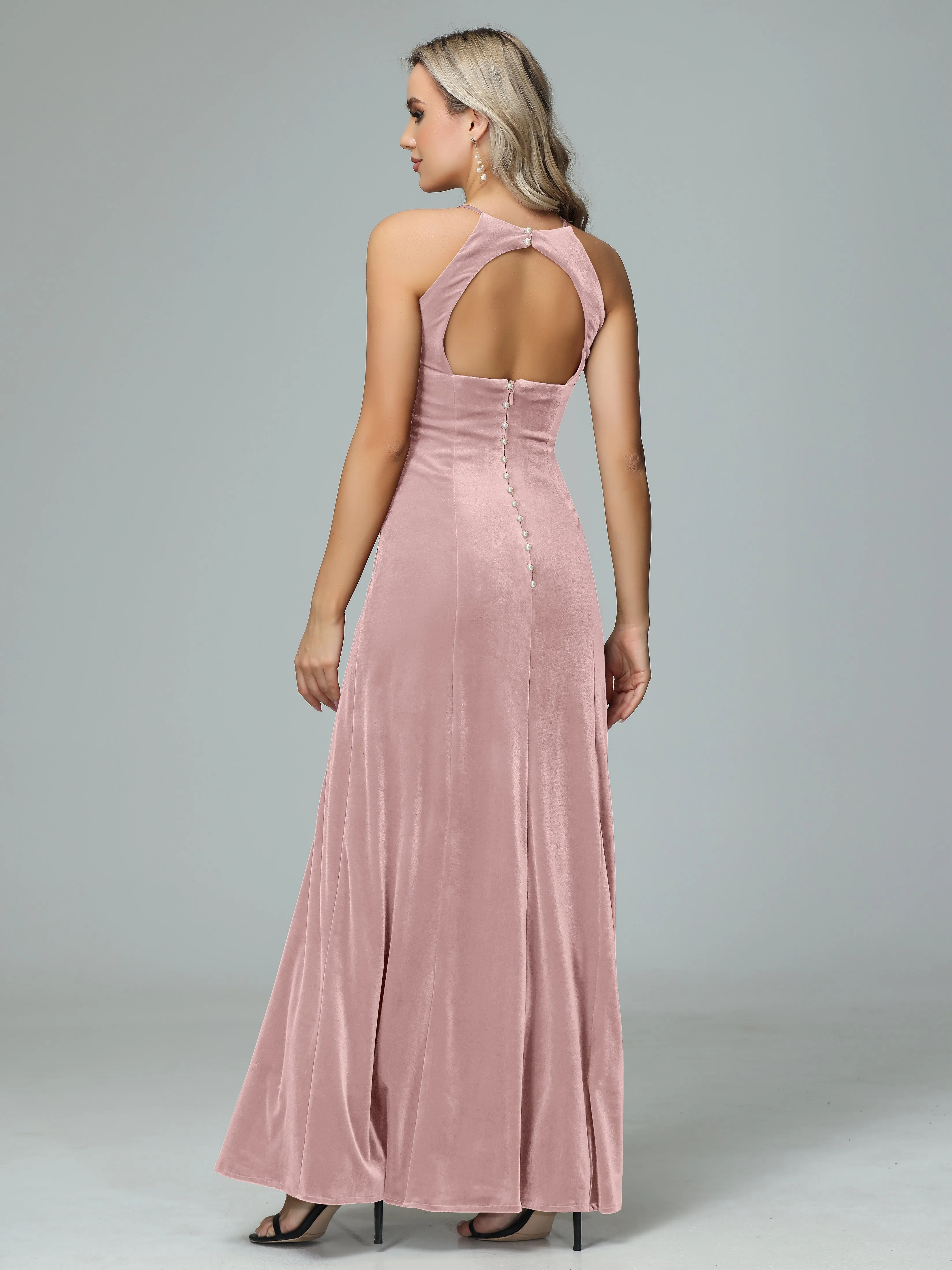 Halter Sleeveless Velvet Bridesmaid Dresses with Slit