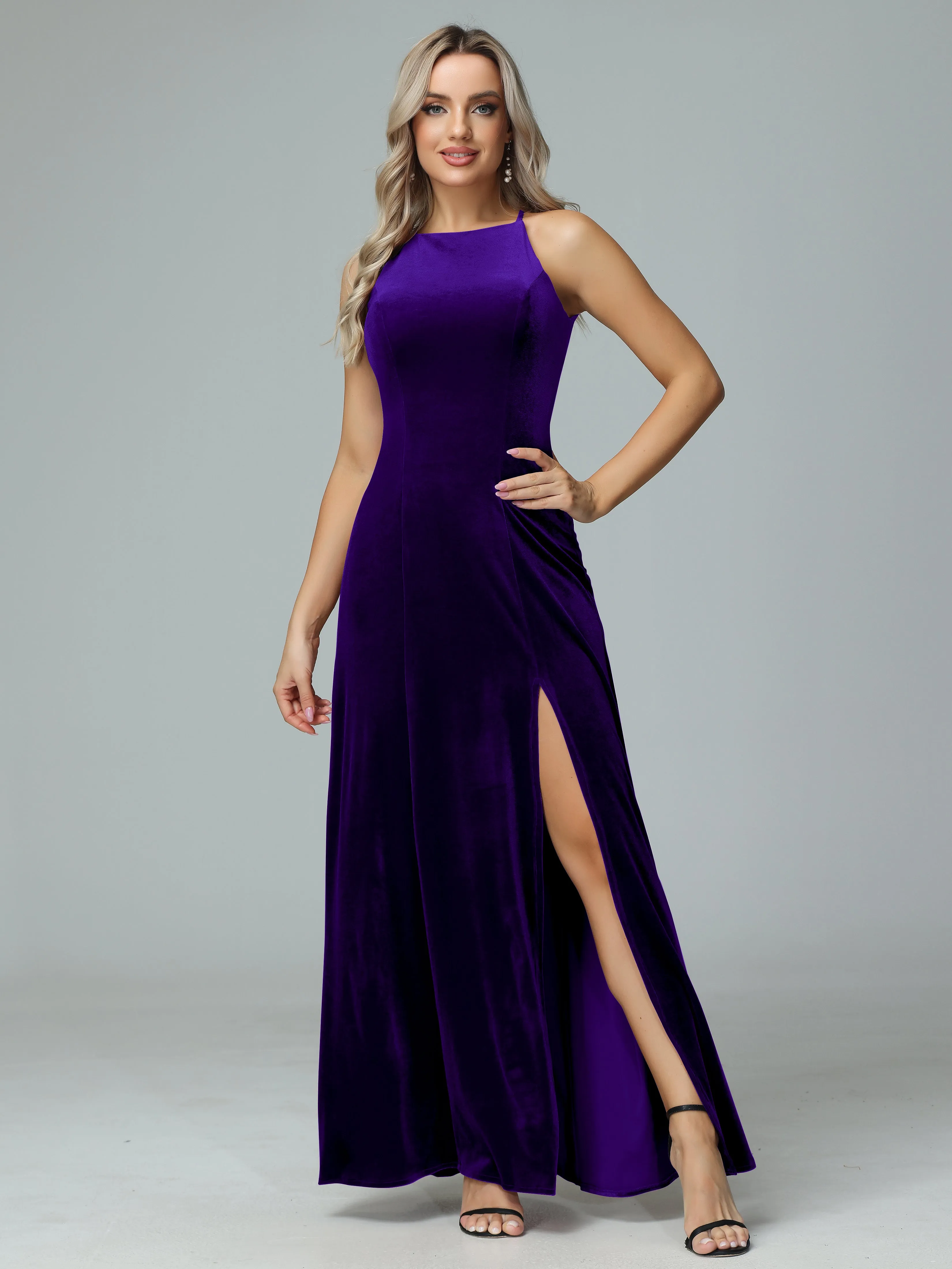 Halter Sleeveless Velvet Bridesmaid Dresses with Slit