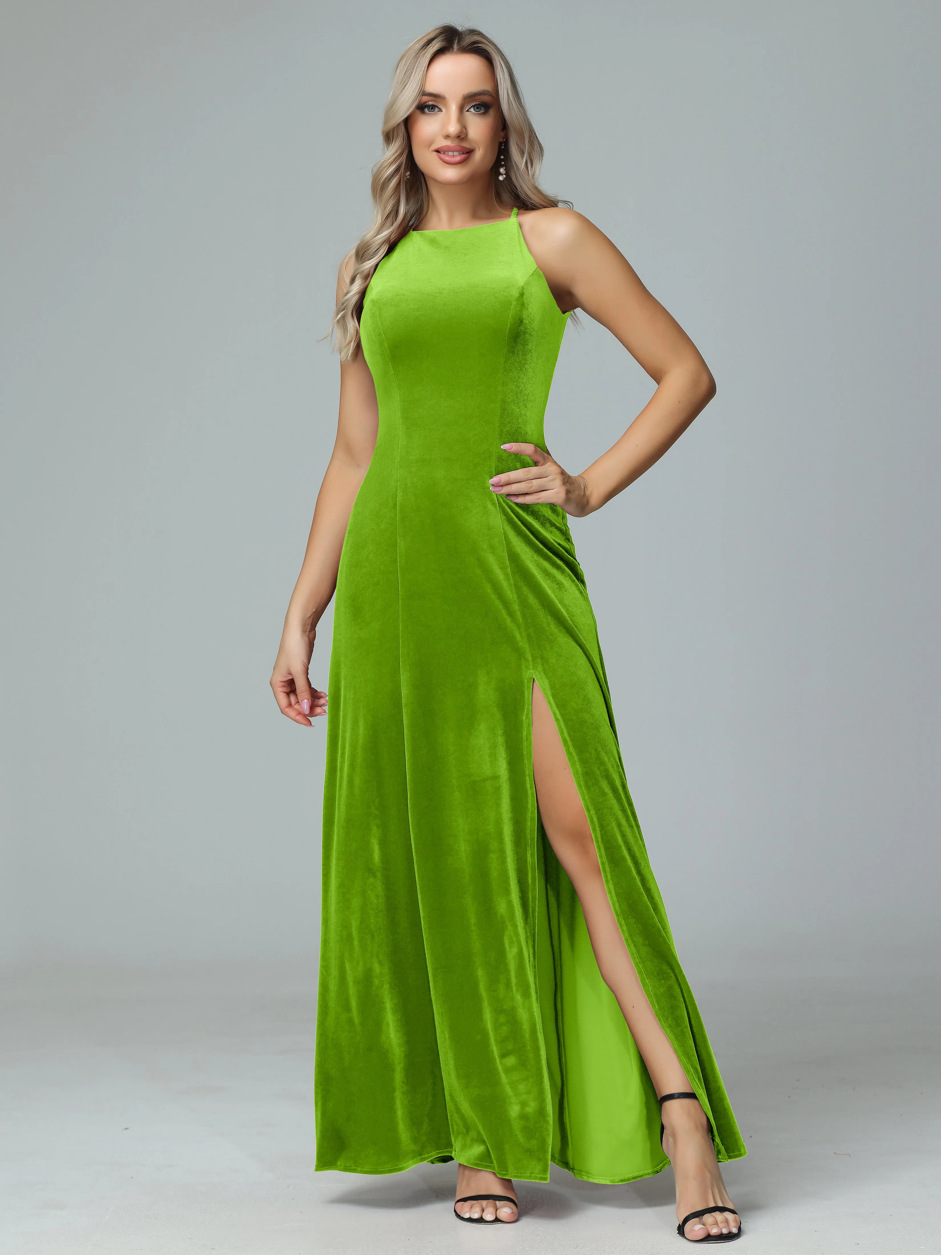 Halter Sleeveless Velvet Bridesmaid Dresses with Slit