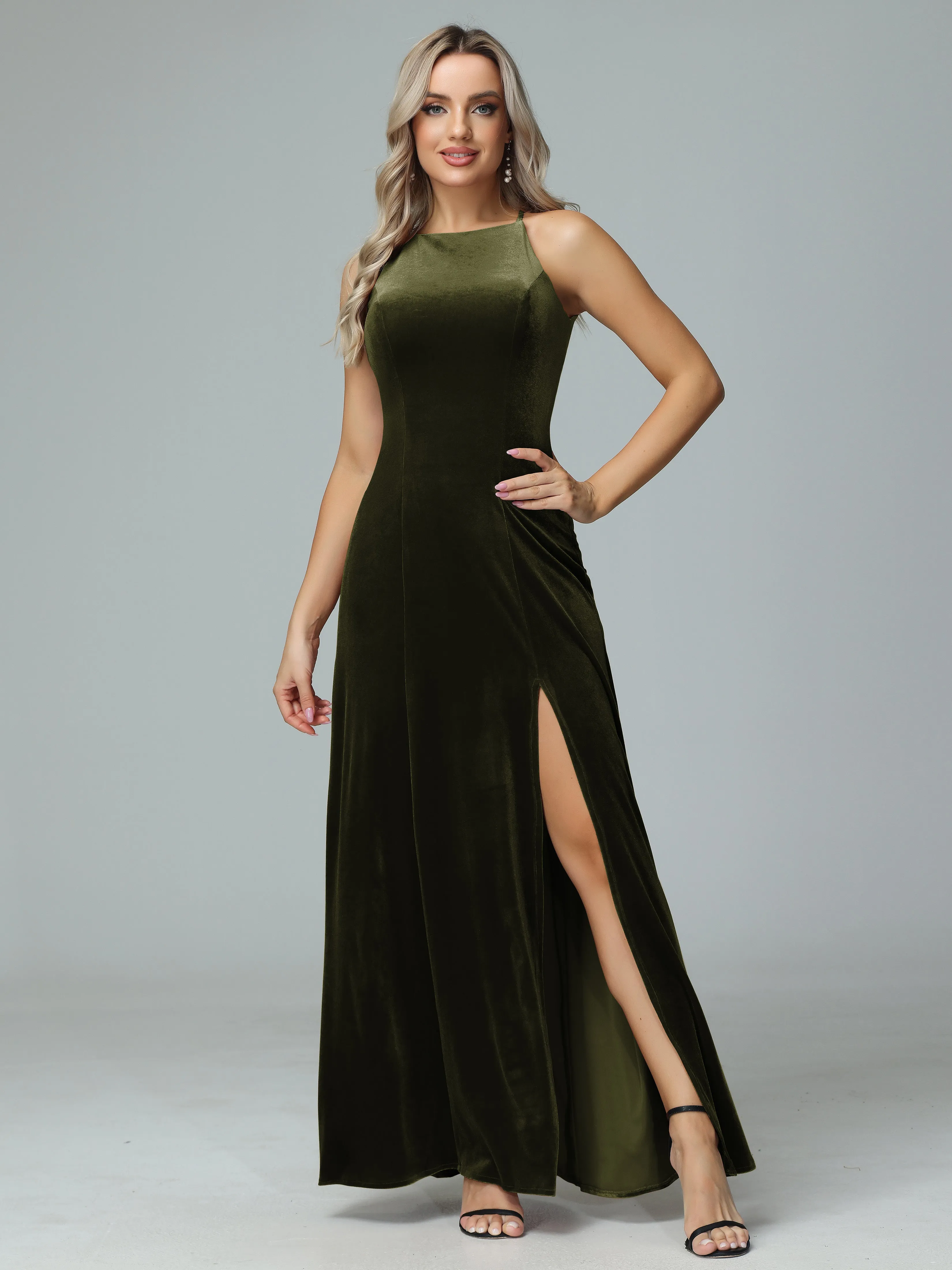 Halter Sleeveless Velvet Bridesmaid Dresses with Slit