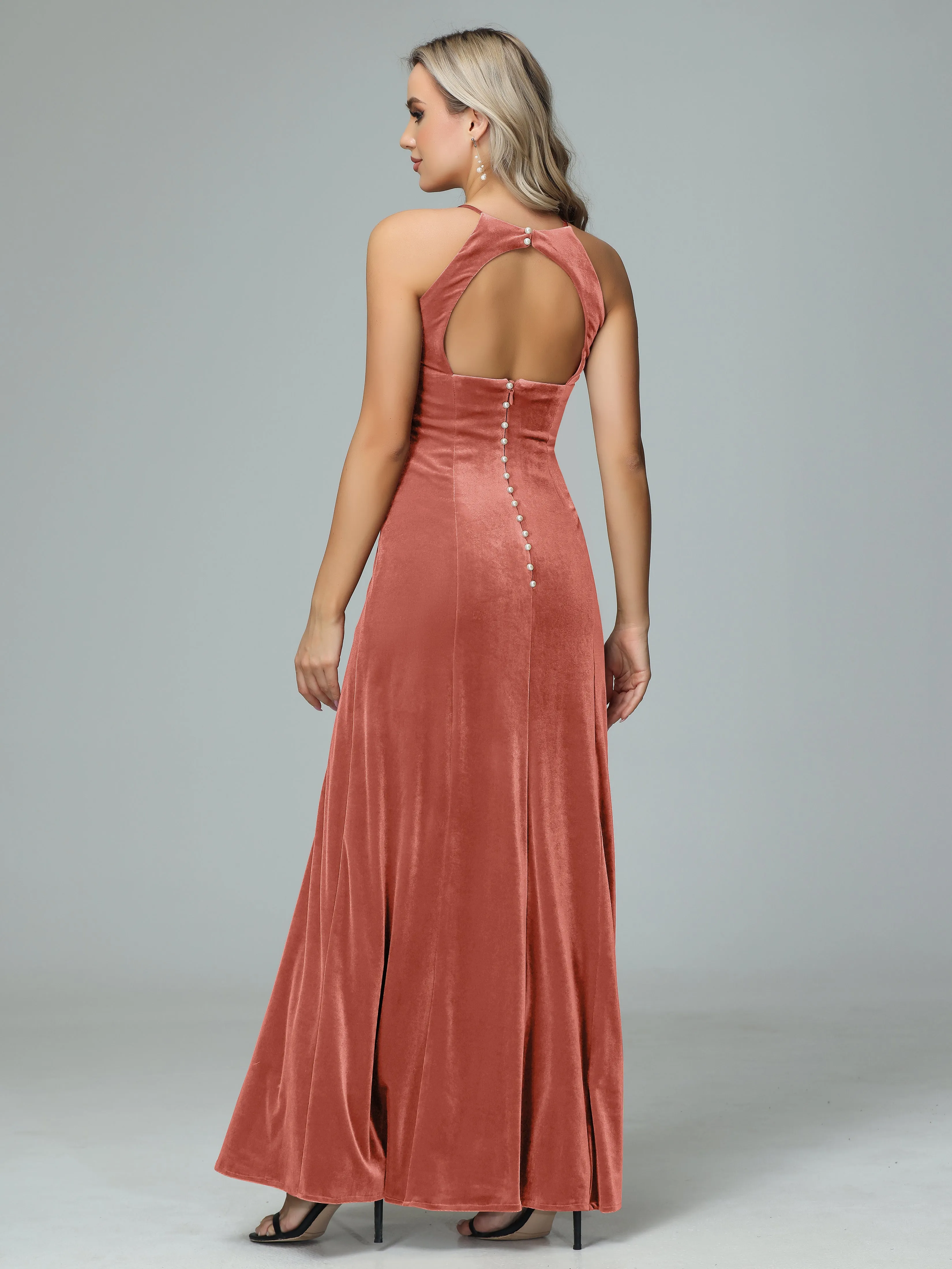 Halter Sleeveless Velvet Bridesmaid Dresses with Slit