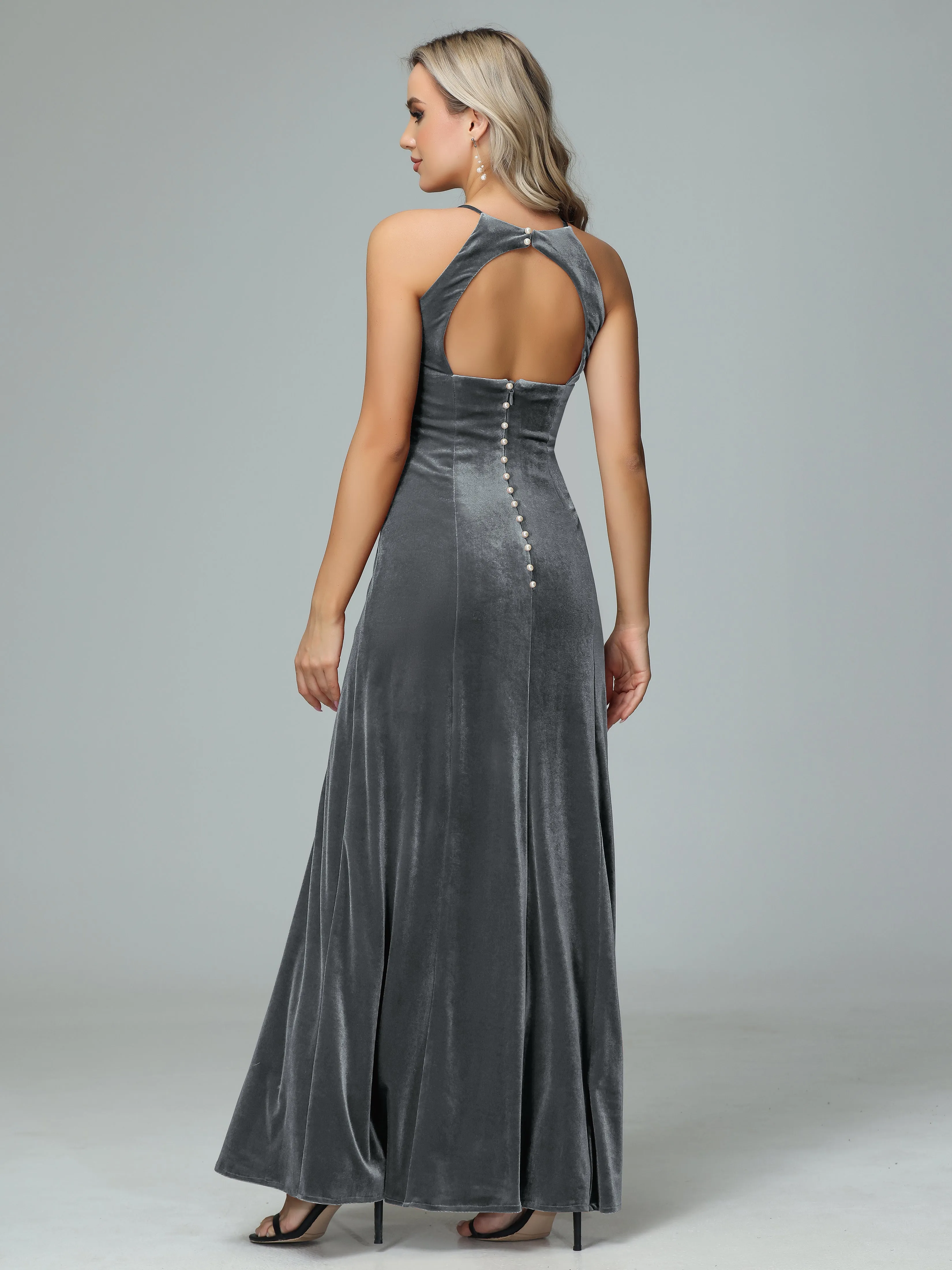 Halter Sleeveless Velvet Bridesmaid Dresses with Slit