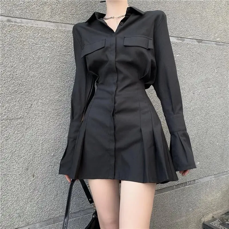 Hnzxzm Black Shirt Dress Women Elegant Vintage Long Sleeve Dresses Sexy Gothic Pleated Streetwear Turn-down Collar Casual Robe