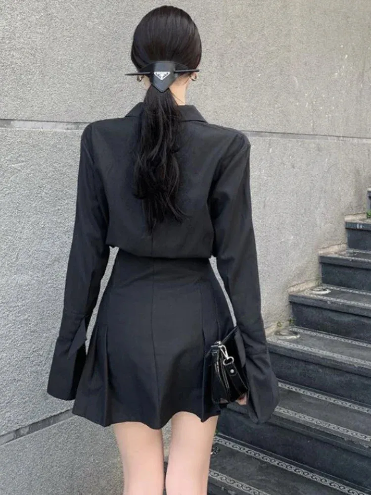 Hnzxzm Black Shirt Dress Women Elegant Vintage Long Sleeve Dresses Sexy Gothic Pleated Streetwear Turn-down Collar Casual Robe