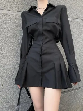 Hnzxzm Black Shirt Dress Women Elegant Vintage Long Sleeve Dresses Sexy Gothic Pleated Streetwear Turn-down Collar Casual Robe