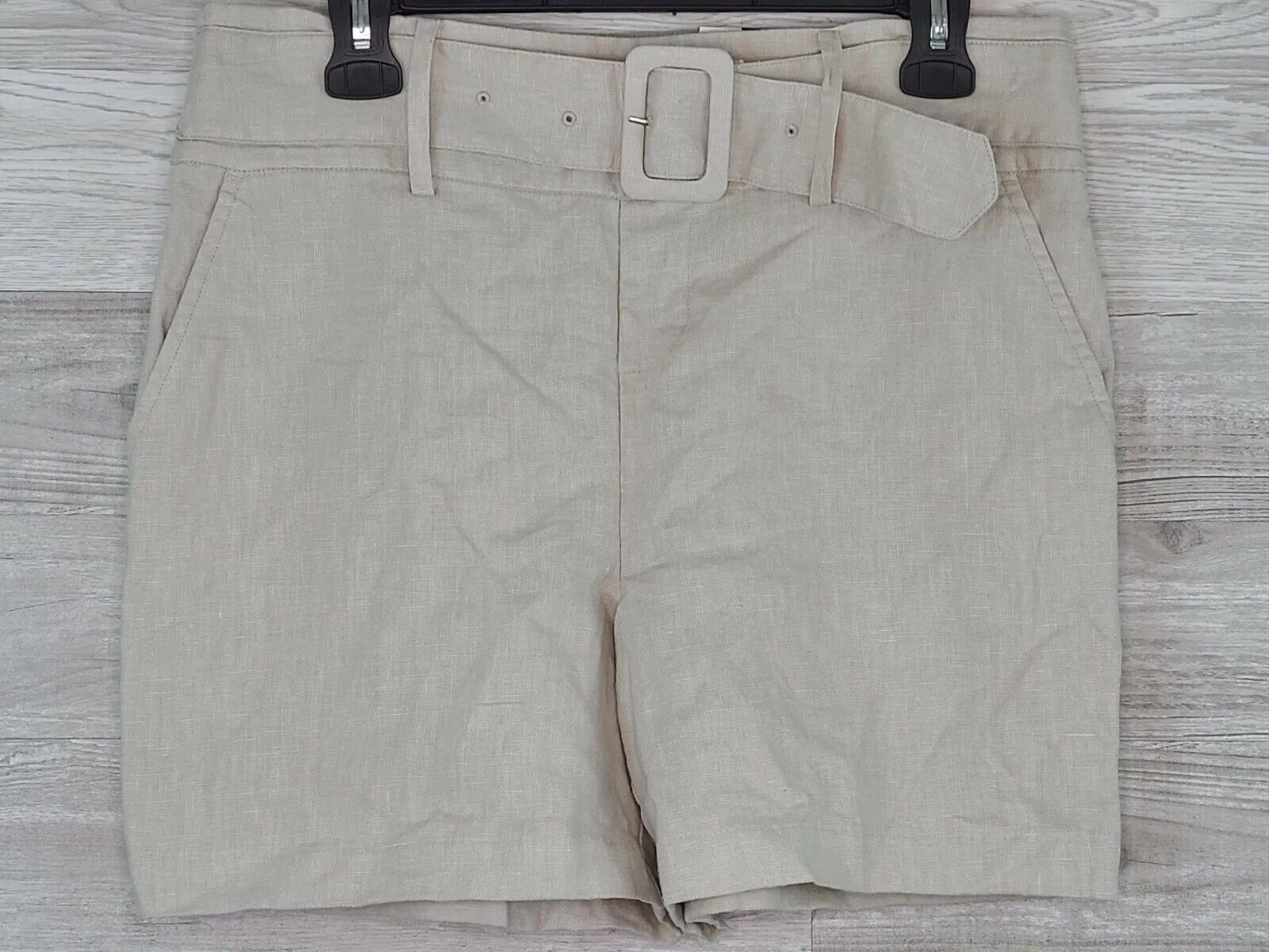 INC Women's Solid Khaki Beige Linen Belted Chino Shorts Size Medium