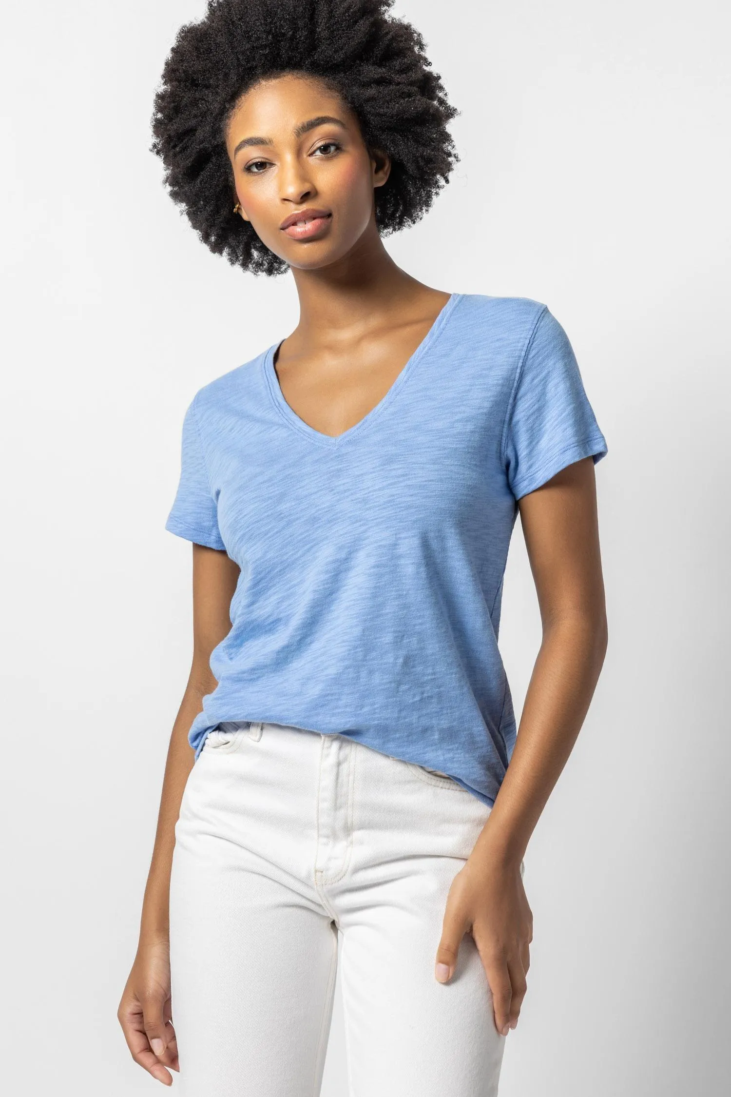 Lilla P V-Neck Short Sleeve Back Seam Tee Harbor