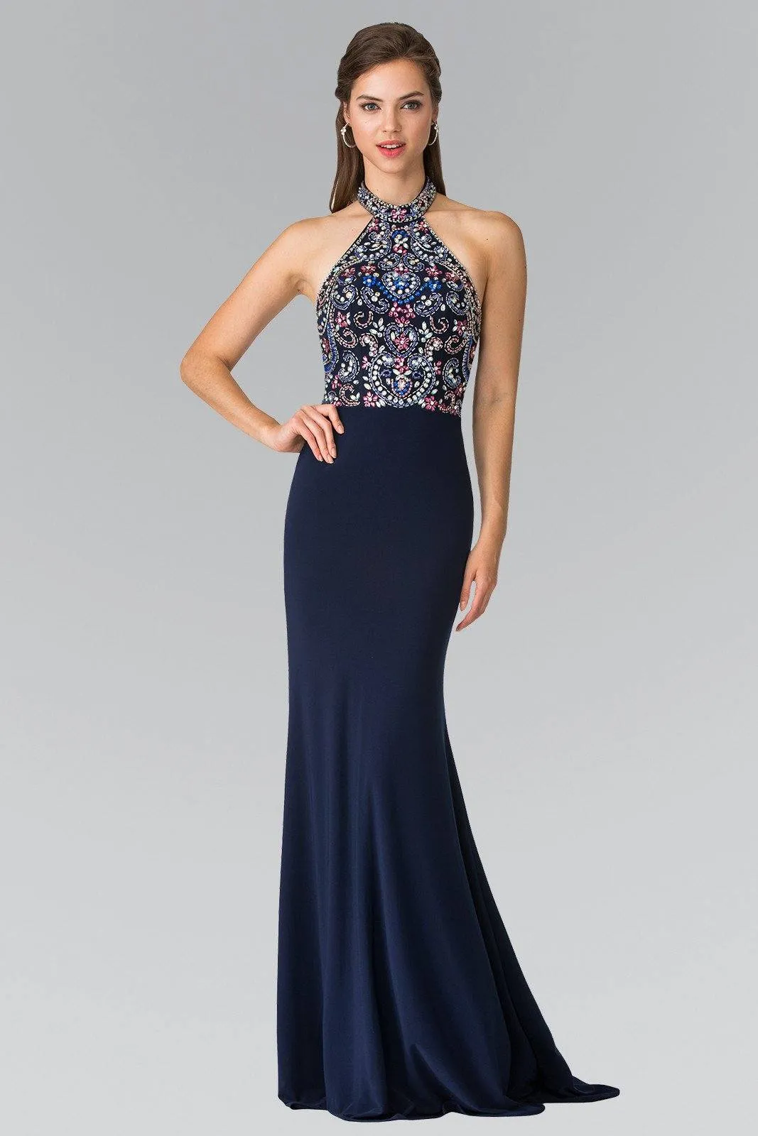 Long Multi-Color Beaded Illusion Halter Dress by Elizabeth K GL2279