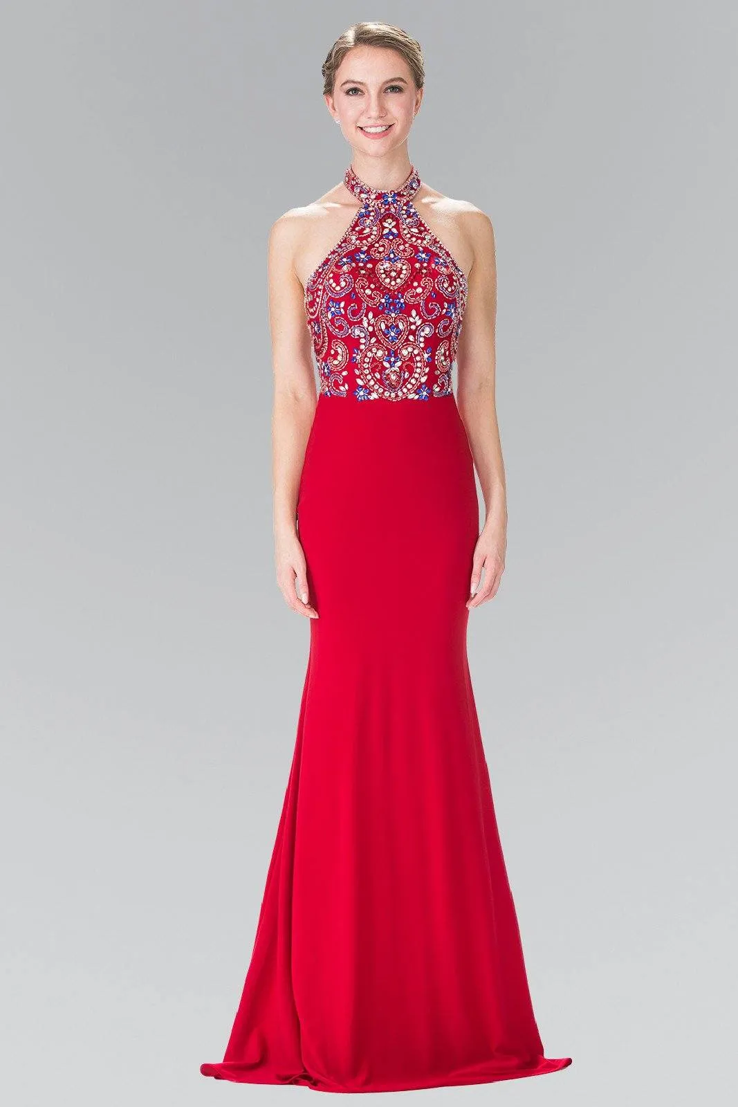 Long Multi-Color Beaded Illusion Halter Dress by Elizabeth K GL2279